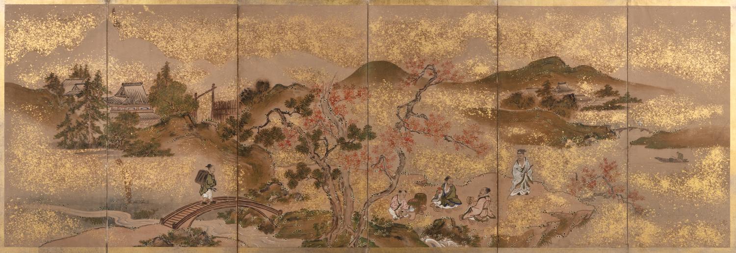 A Japanese Painted Paper Six-Panel Screen