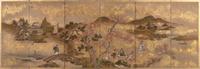 A Japanese Painted Paper Six-Panel Screen