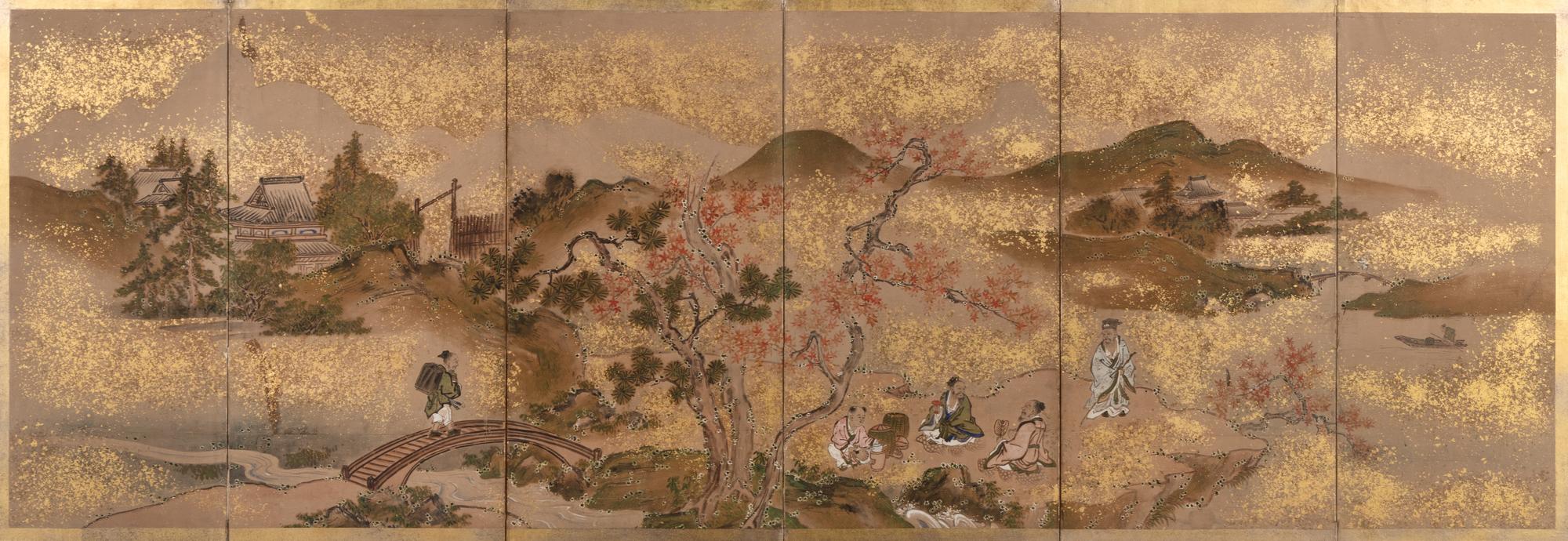 A Japanese Painted Paper Six-Panel Screen
