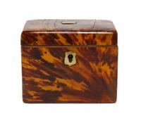 An English Tortoise Shell Veneered Tea Caddy, Height 3 3/4 x width 4 3/4 x depth 3 3/8 inches.