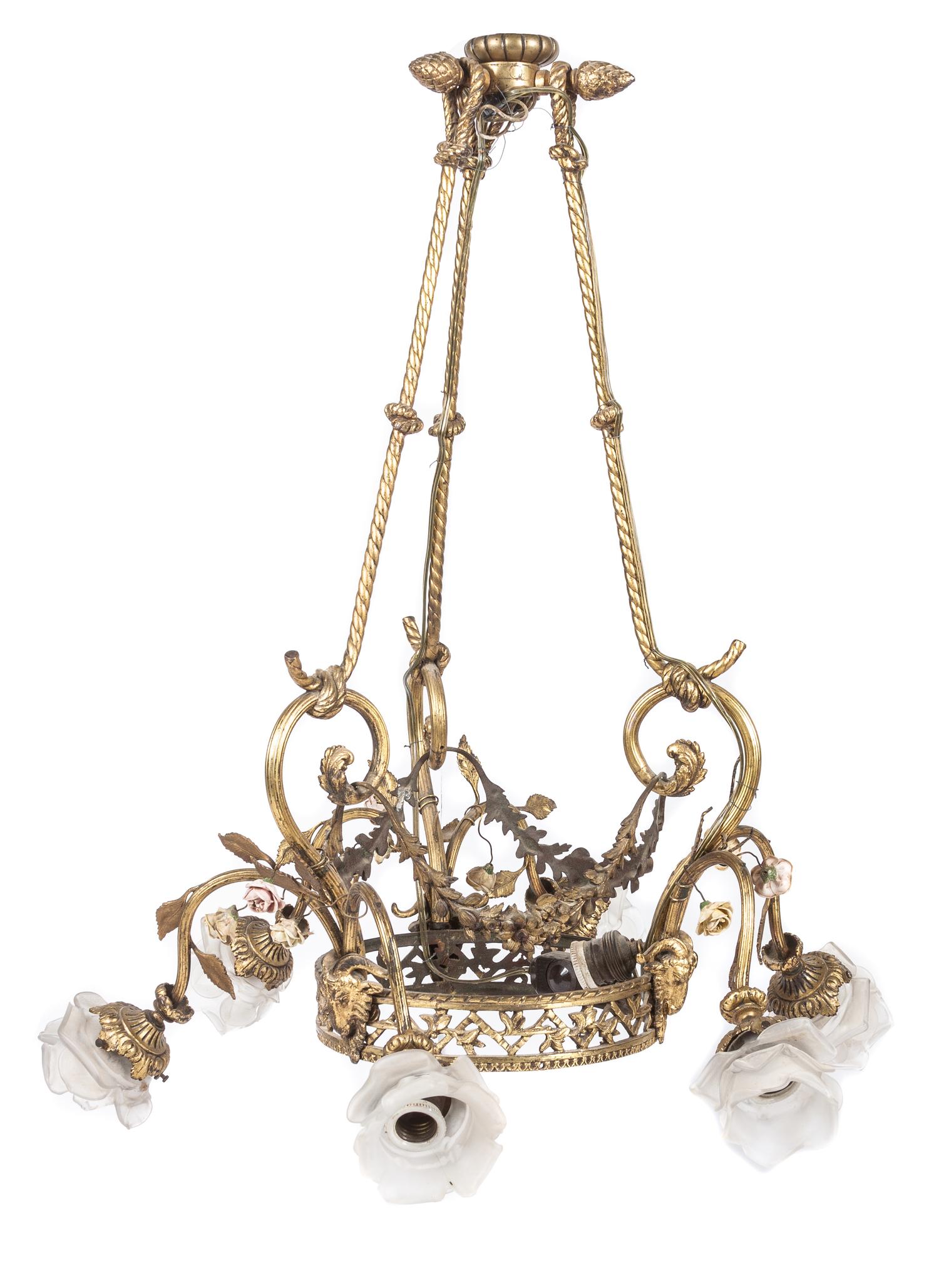 A Neoclassical Gilt Metal Six-Light Chandelier Width at widest 25 inches.