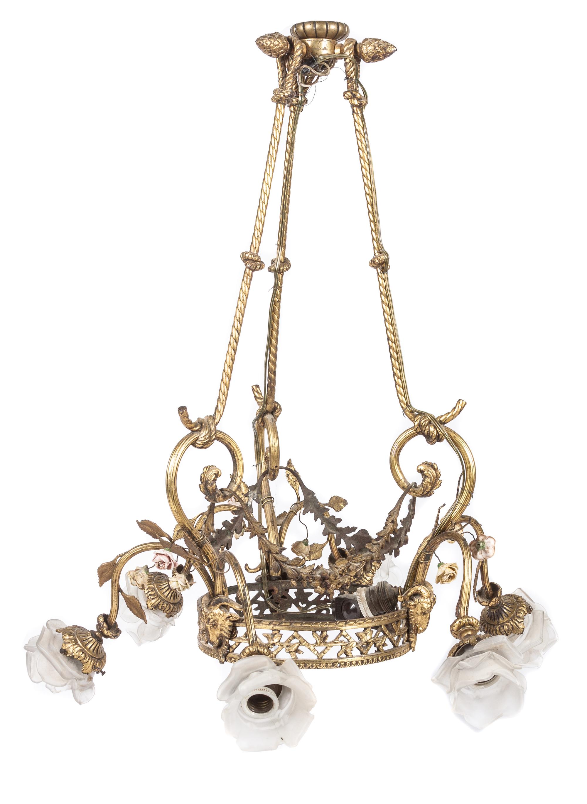 A Neoclassical Gilt Metal Six-Light Chandelier Width at widest 25 inches.