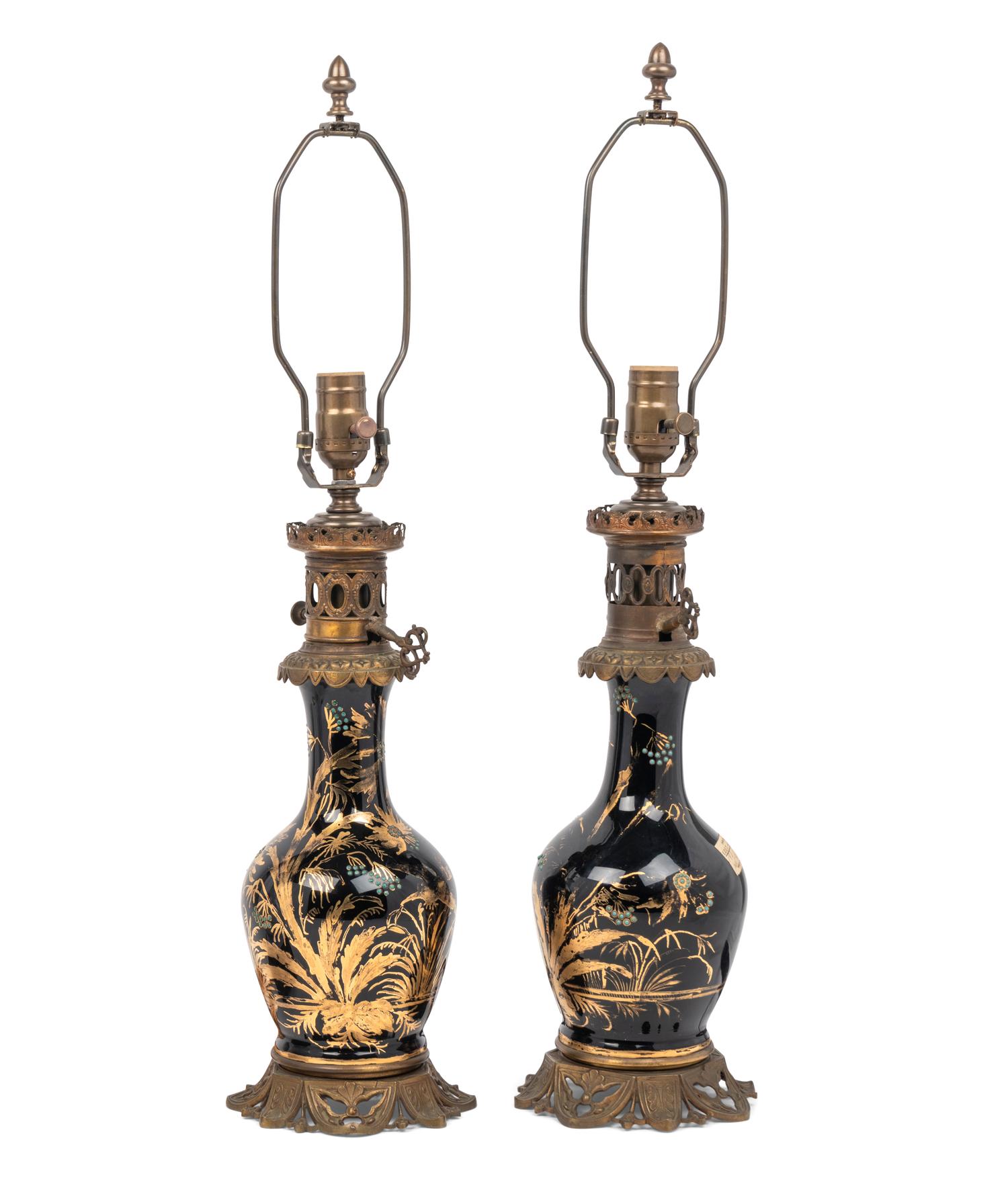 Two Pairs of French Enameled Glass Fluid Lamps Converted to Electricity