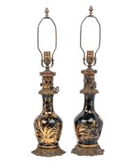 Two Pairs of French Enameled Glass Fluid Lamps Converted to Electricity