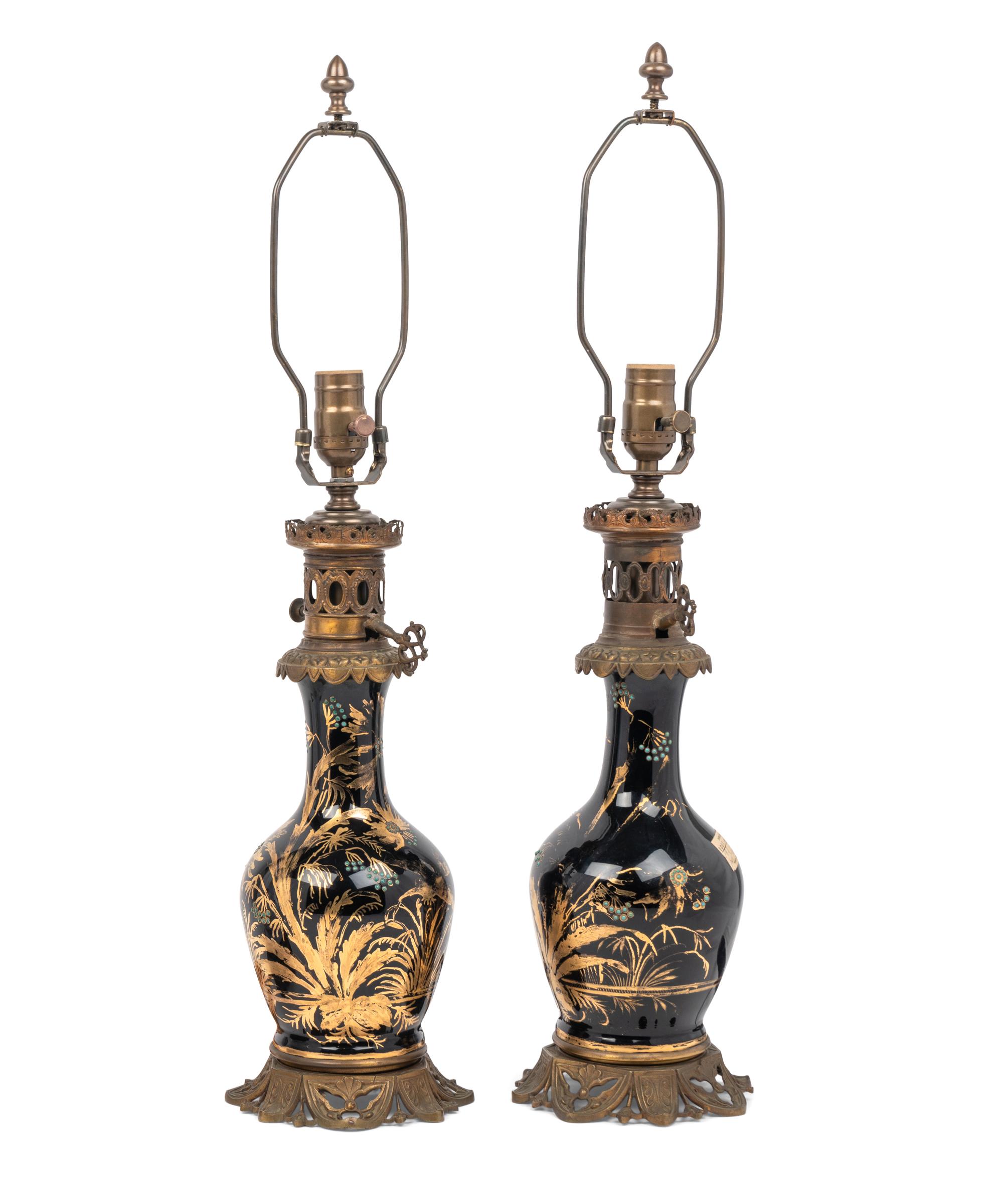 Two Pairs of French Enameled Glass Fluid Lamps Converted to Electricity