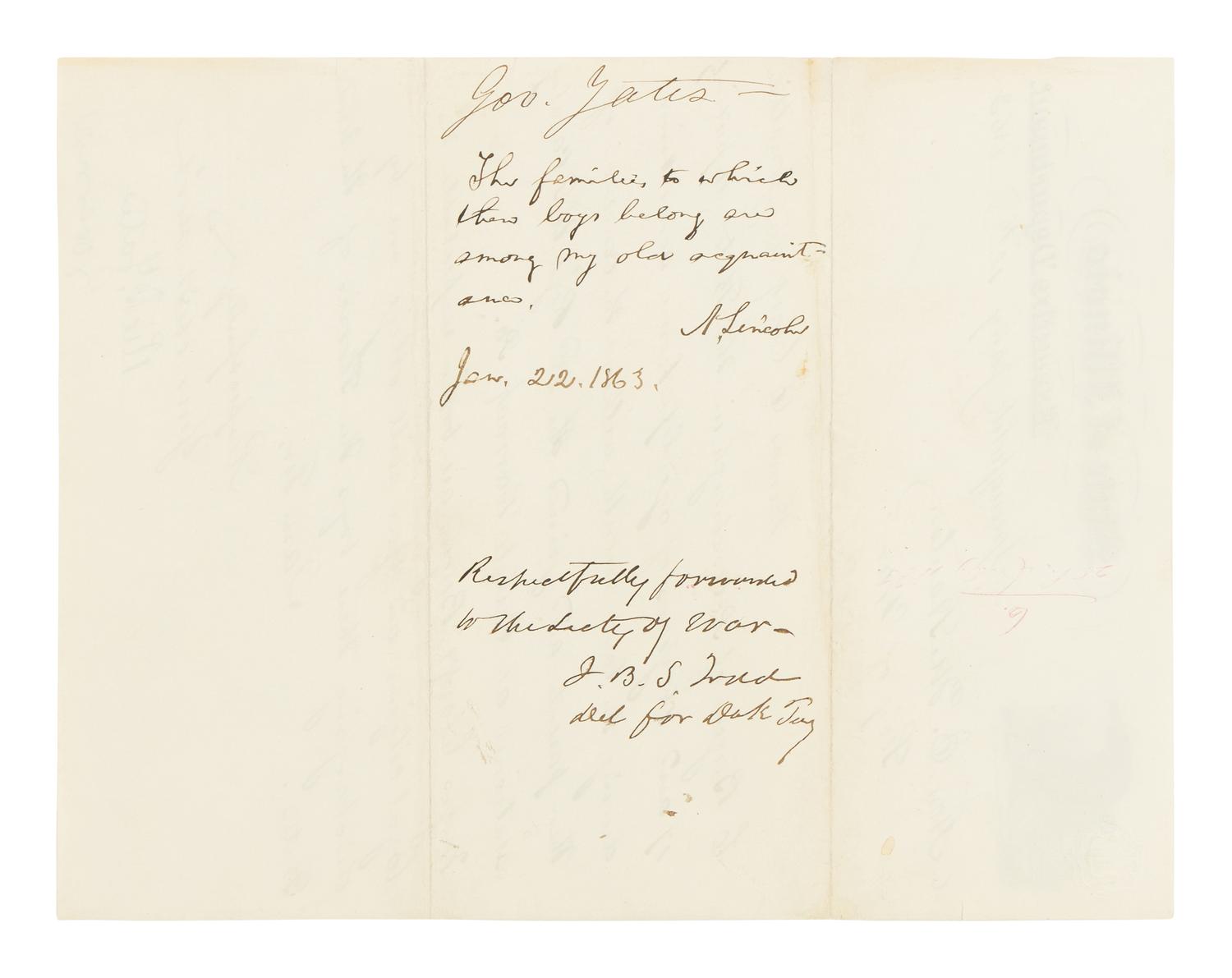LINCOLN, Abraham (1809-1865). Autograph endorsement, signed ("A. Lincoln"), to Secretary of War, Edwin M. Stanton, Washington, D.C., 22 January 1863.