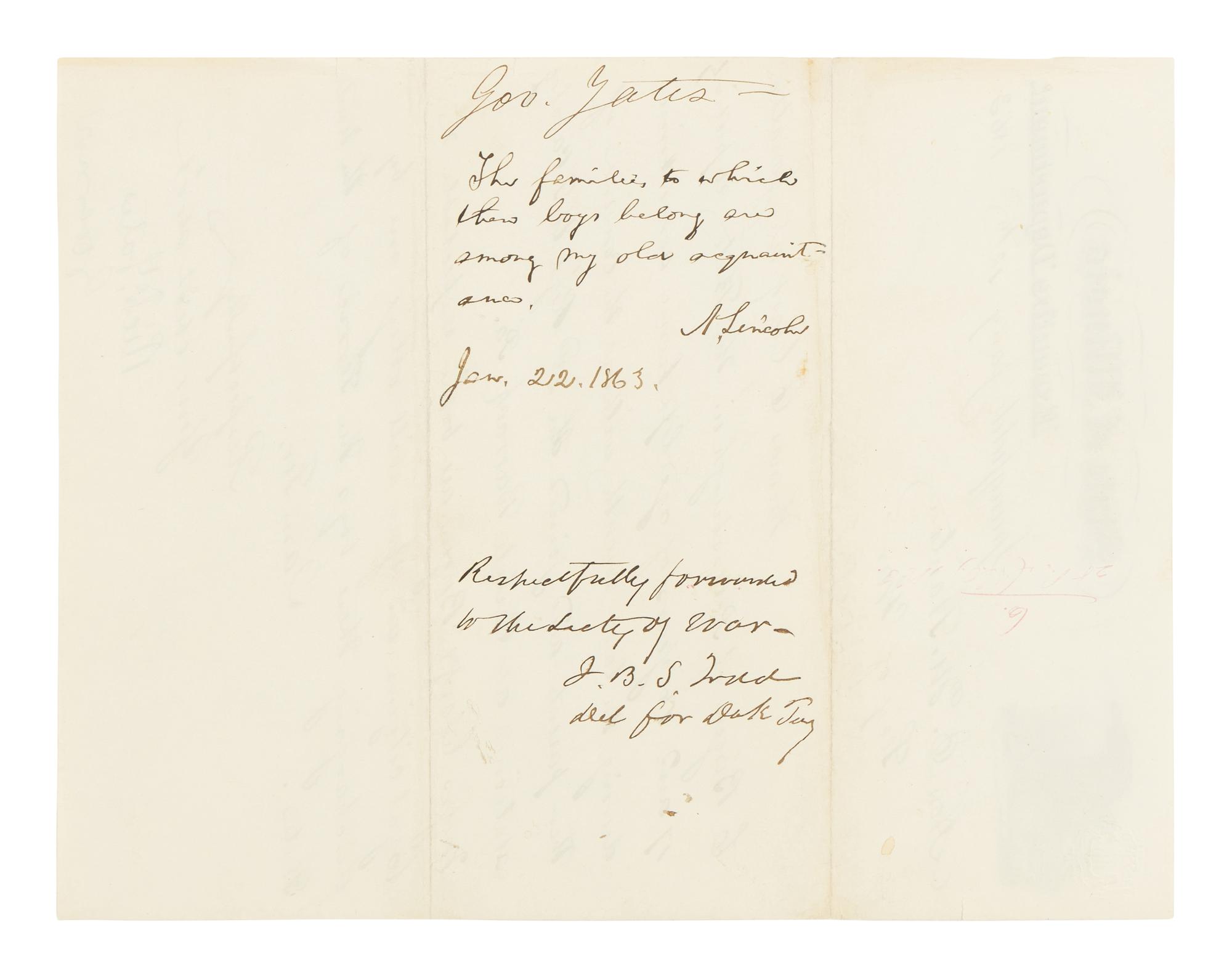 LINCOLN, Abraham (1809-1865). Autograph endorsement, signed ("A. Lincoln"), to Secretary of War, Edwin M. Stanton, Washington, D.C., 22 January 1863.