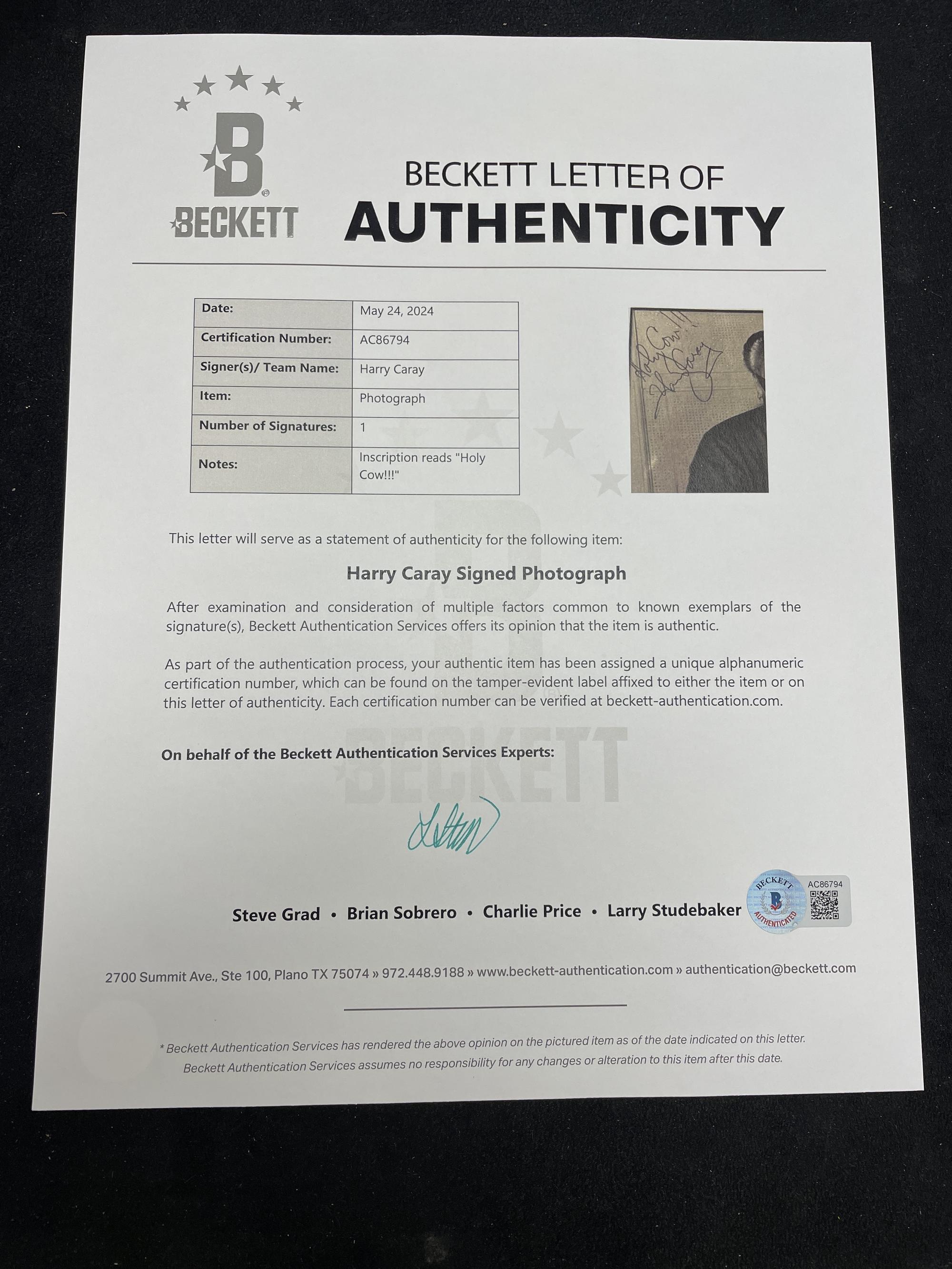 A Harry Caray Signed Autograph Photo (Beckett Authentication Services)