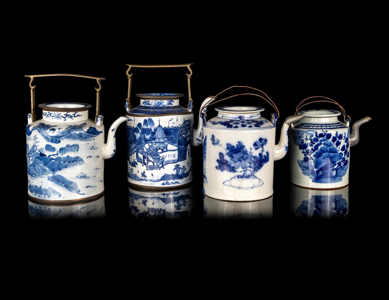Four Large Chinese Blue and White Porcelain Teapots