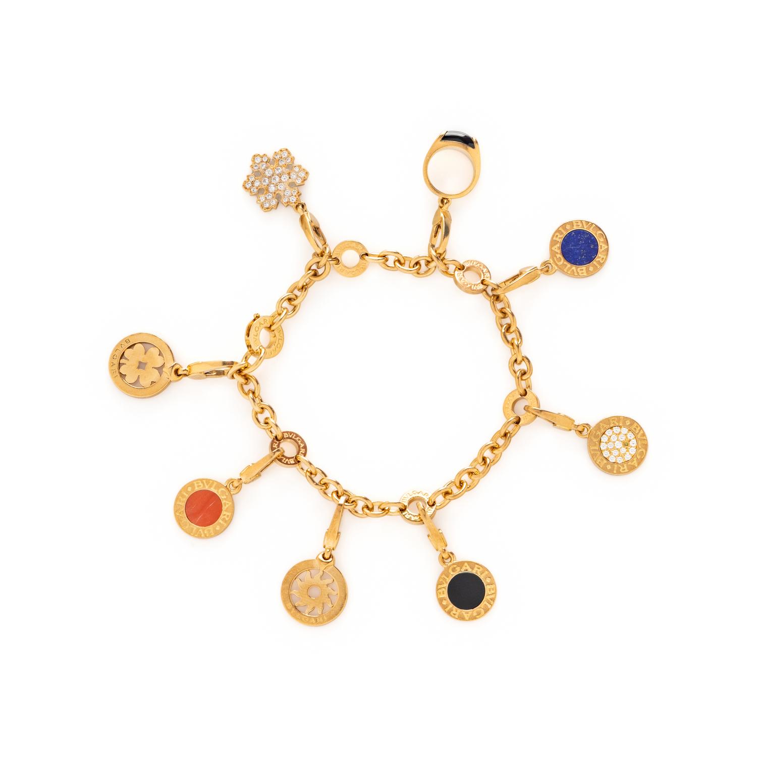 BULGARI, 'BVLGARI BVLGARI' YELLOW GOLD, DIAMOND, AND MULTIGEM CHARM BRACELET