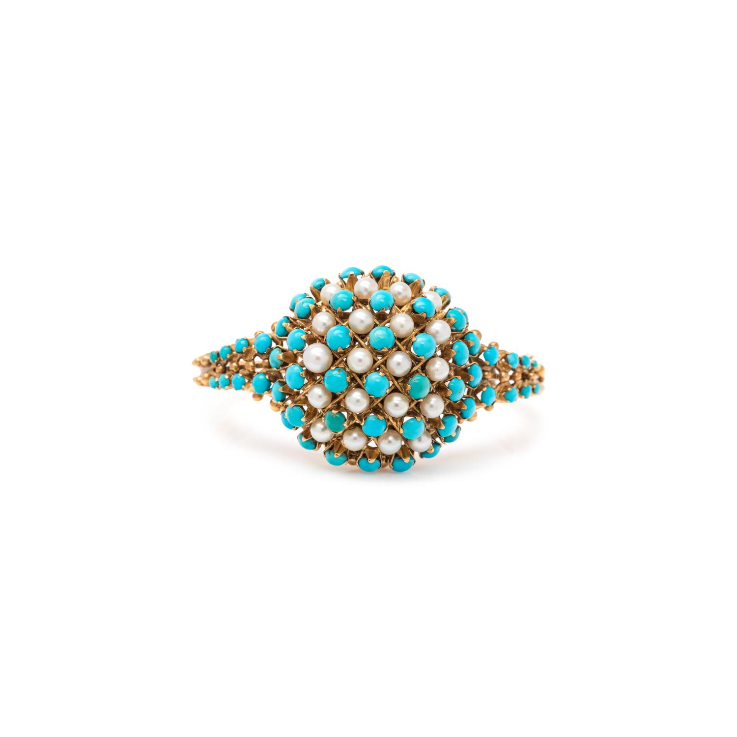 YELLOW GOLD, TURQUOISE AND CULTURED PEARL BANGLE BRACELET