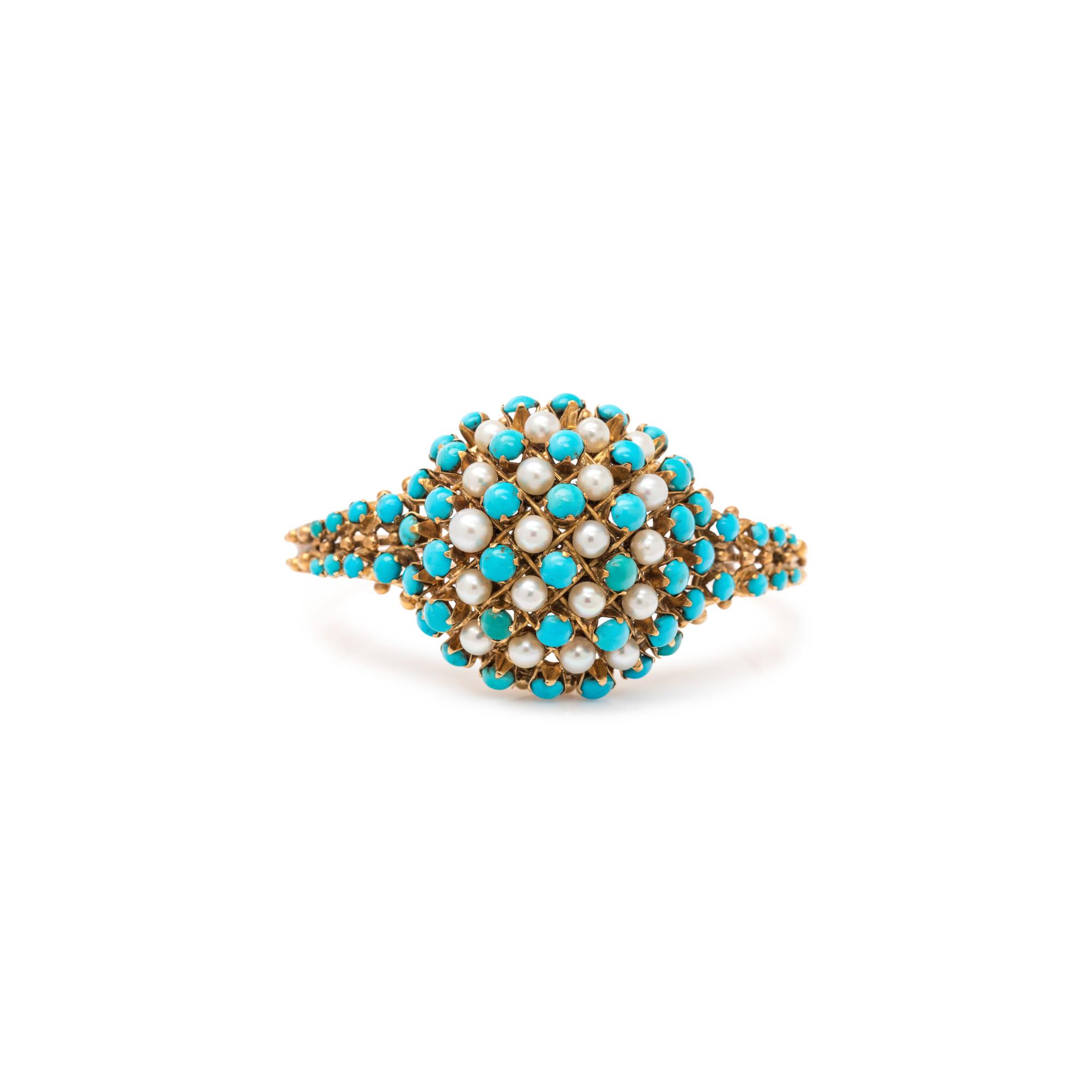 YELLOW GOLD, TURQUOISE AND CULTURED PEARL BANGLE BRACELET