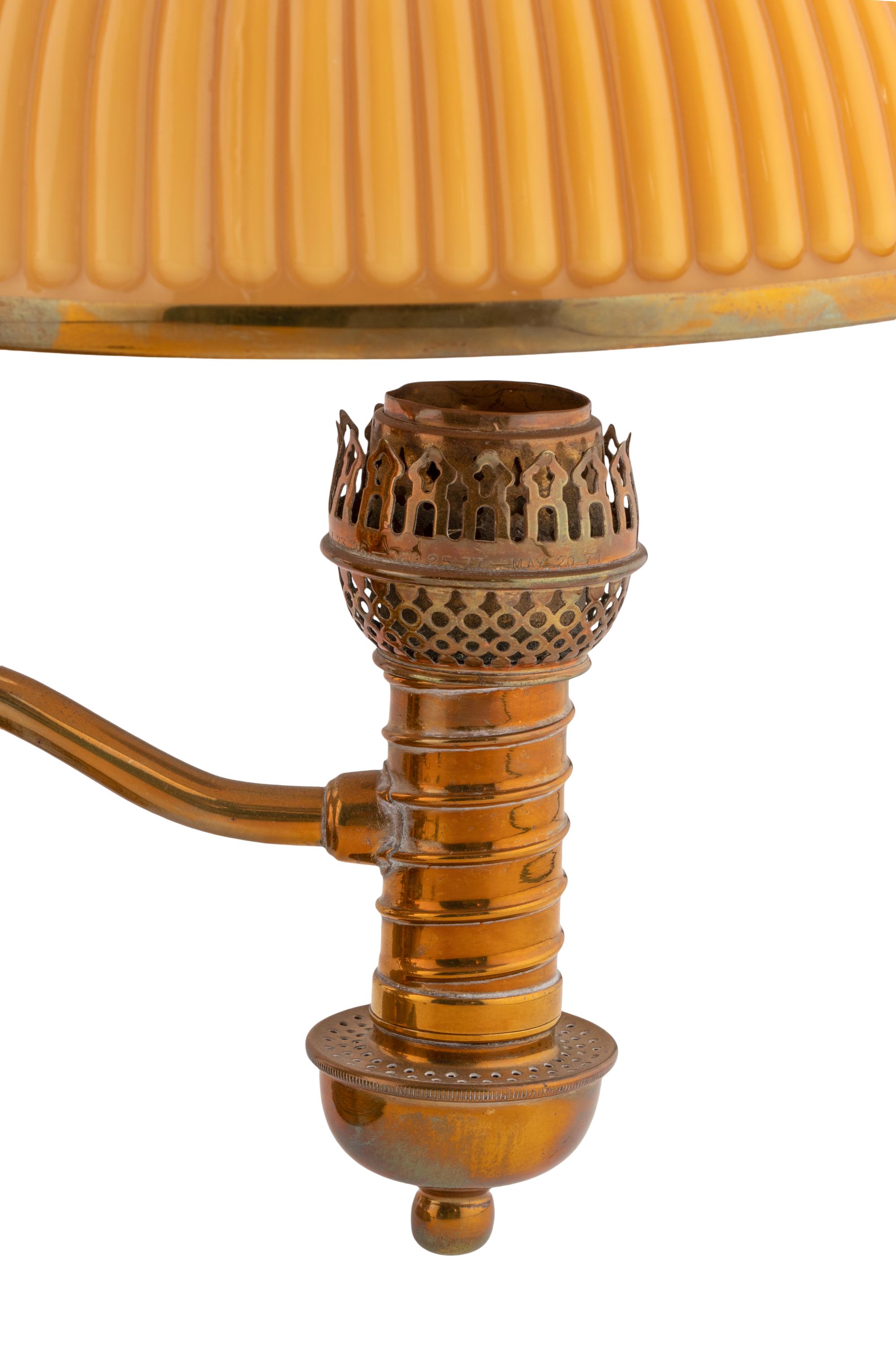 A Pair of Victorian Brass and Opaline Glass Double Student Lamps