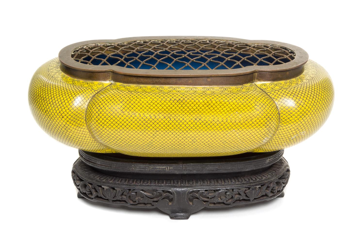A Cloisonne Enamel Incense Burner Length 11 inches.