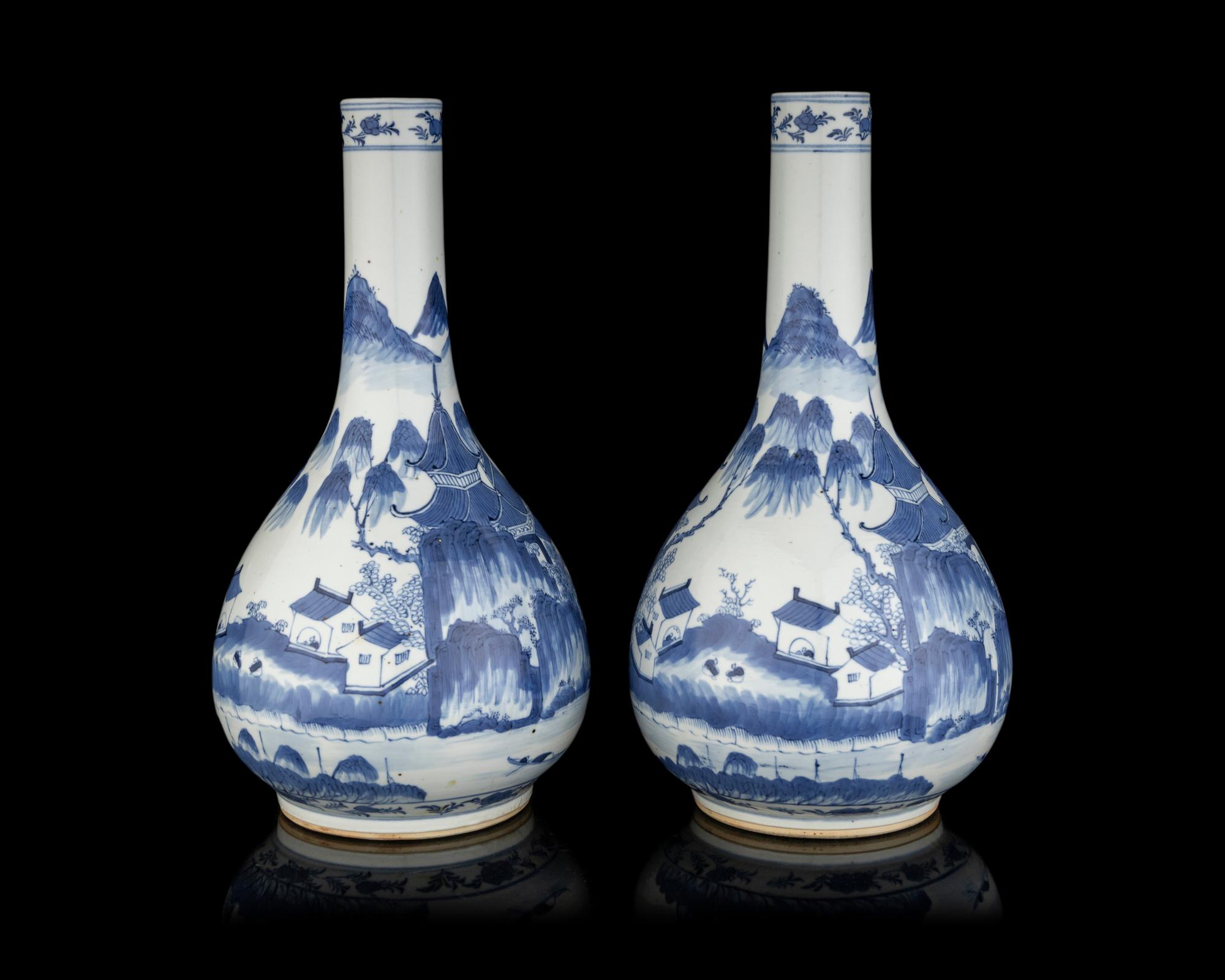 A Pair of Chinese Blue and White Porcelain Bottle Vases
