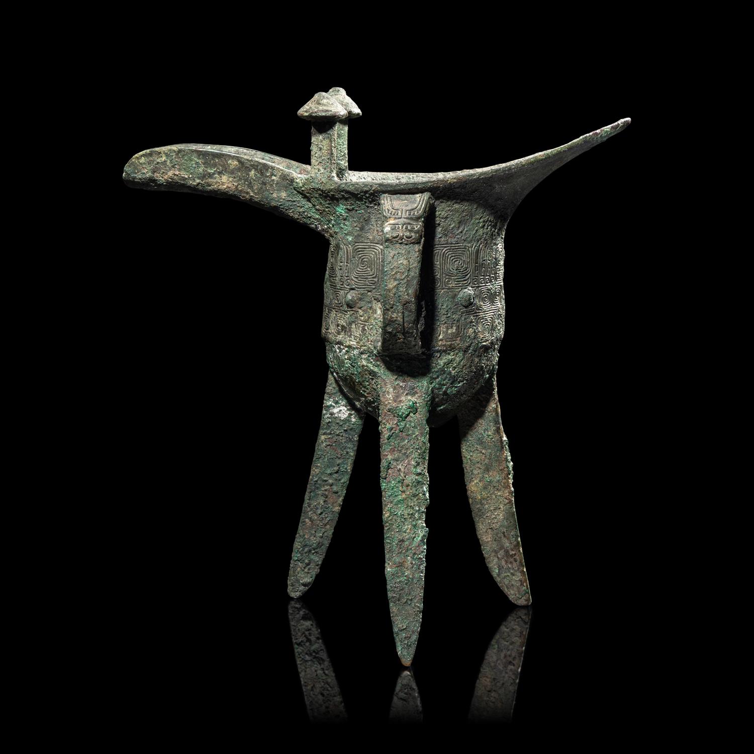A Chinese Archaic Ritual Bronze Wine Vessel, Jue , Mark Gaotian, Late Shang-Early West Zhou Dynasty 商代晚期-西周早期 青銅饕餮紋'告田'爵