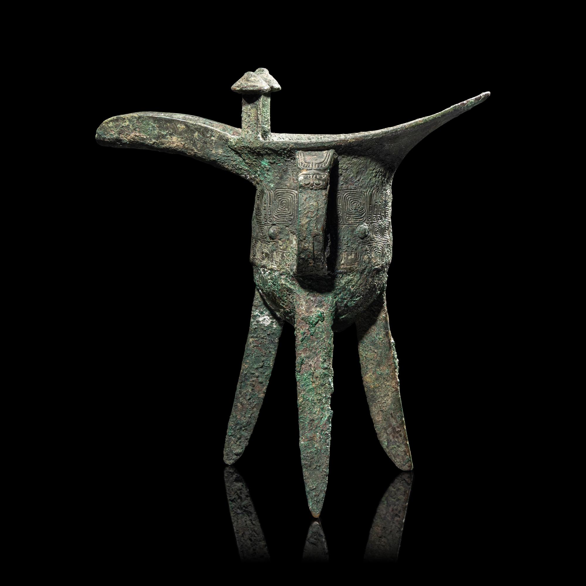 A Chinese Archaic Ritual Bronze Wine Vessel, Jue , Mark Gaotian, Late Shang-Early West Zhou Dynasty 商代晚期-西周早期 青銅饕餮紋'告田'爵