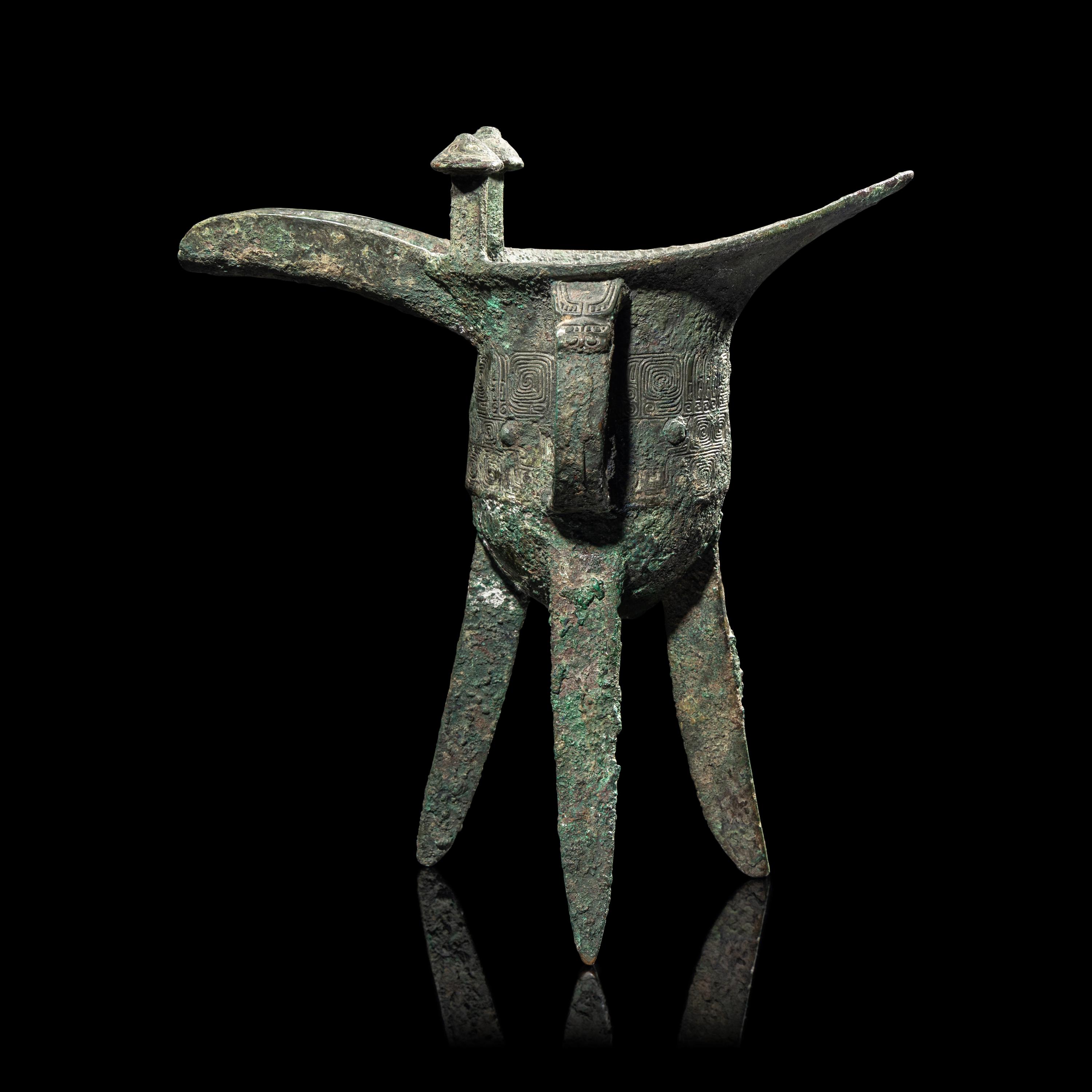 A Chinese Archaic Ritual Bronze Wine Vessel, Jue , Mark Gaotian, Late Shang-Early West Zhou Dynasty 商代晚期-西周早期 青銅饕餮紋'告田'爵