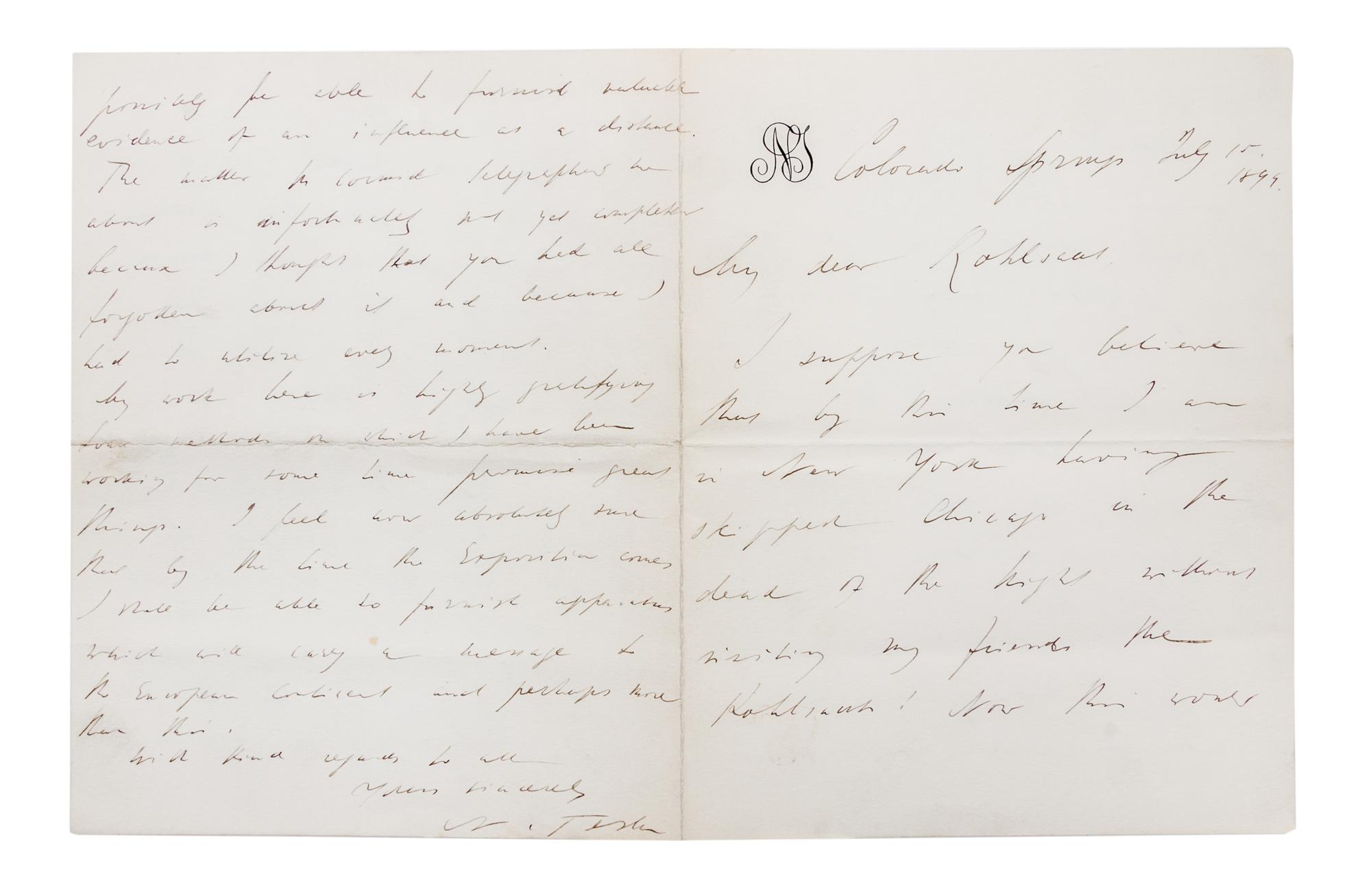 (TECHNOLOGY) TESLA, NIKOLA. Autographed letter signed, on personal letterhead, July 15, 1899. re: lab in Colorado