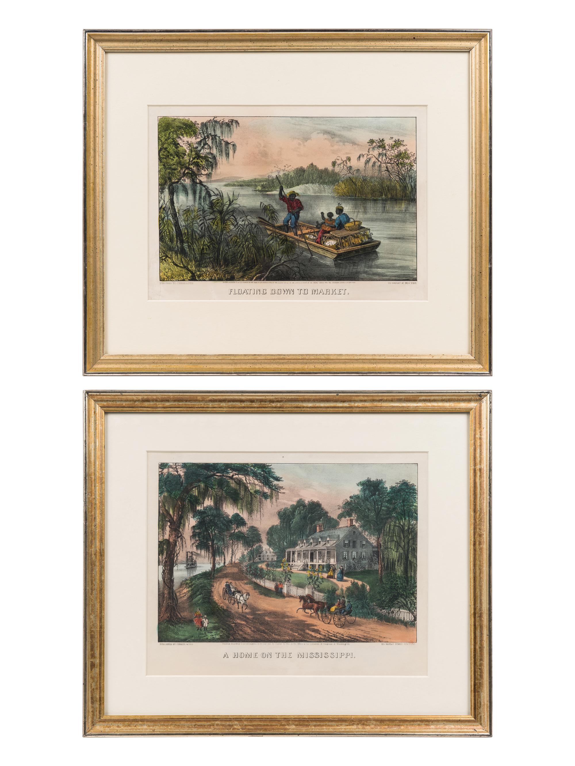 [MISSISSIPPI RIVER] -- CURRIER and IVES, publishers Floating Down to Market, 1870. (G.2183) -- A Home on the Mississippi, 1871. (G.3109).