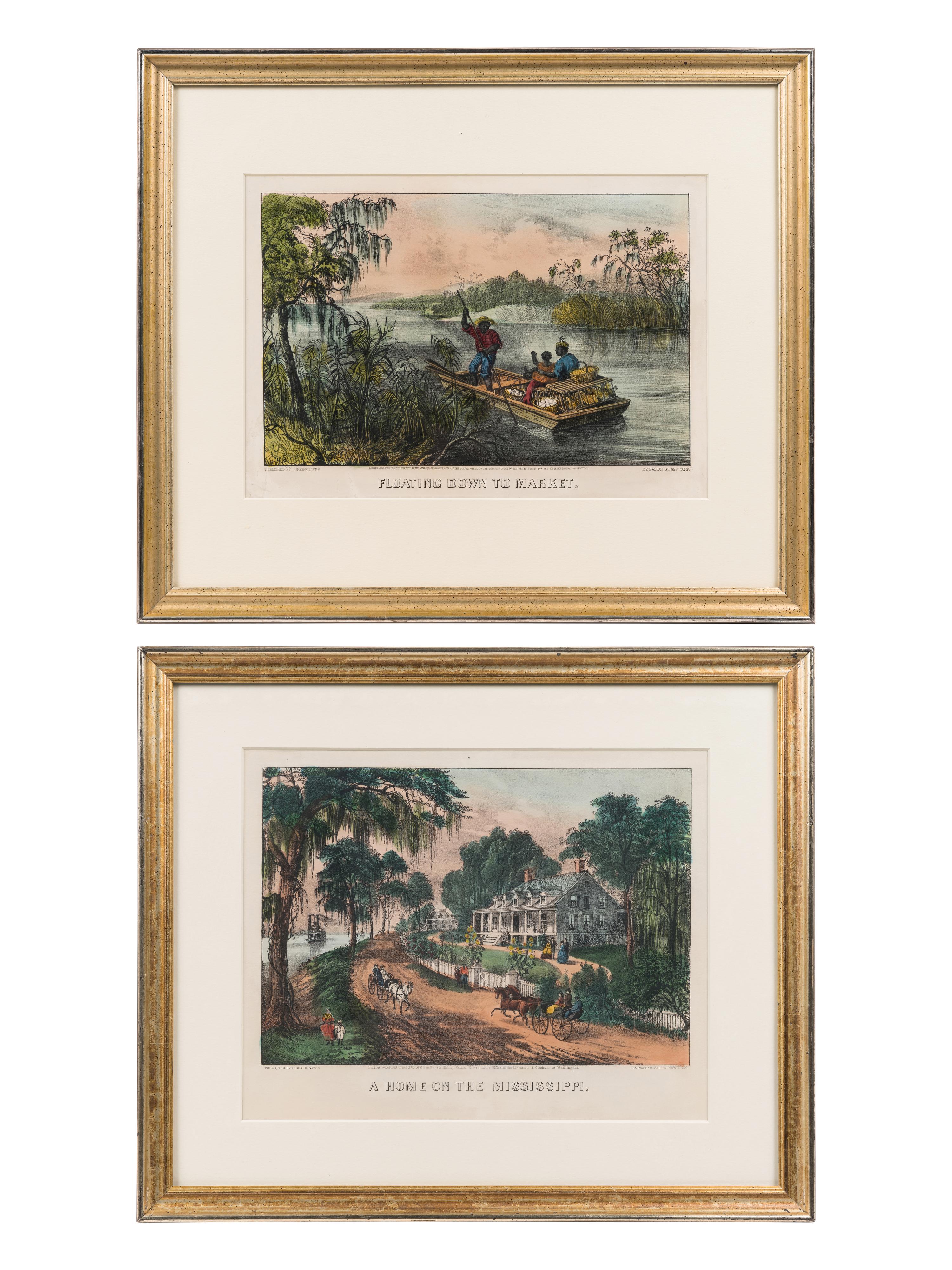 [MISSISSIPPI RIVER] -- CURRIER and IVES, publishers Floating Down to Market, 1870. (G.2183) -- A Home on the Mississippi, 1871. (G.3109).