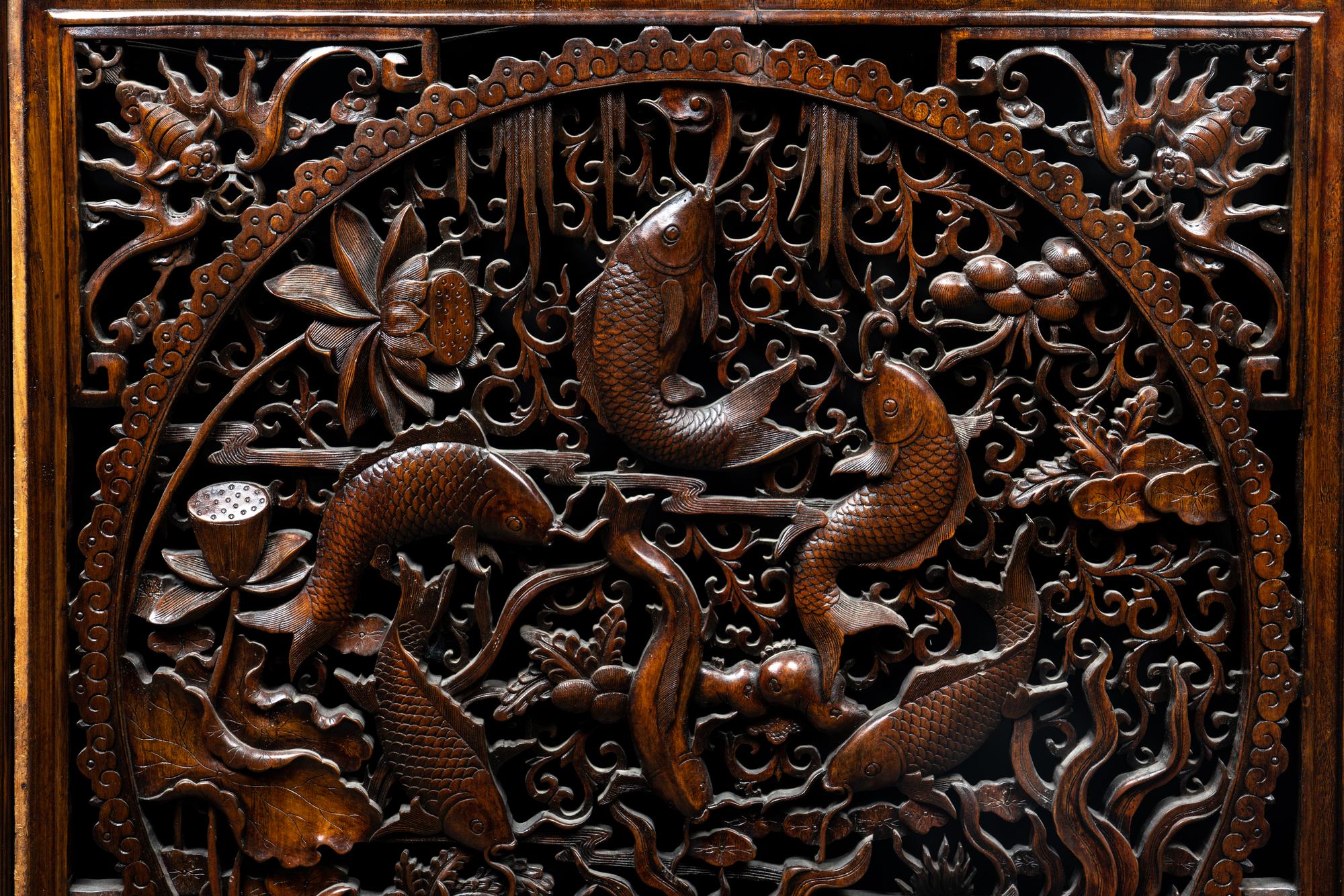 Two Chinese Carved Hardwood Panels