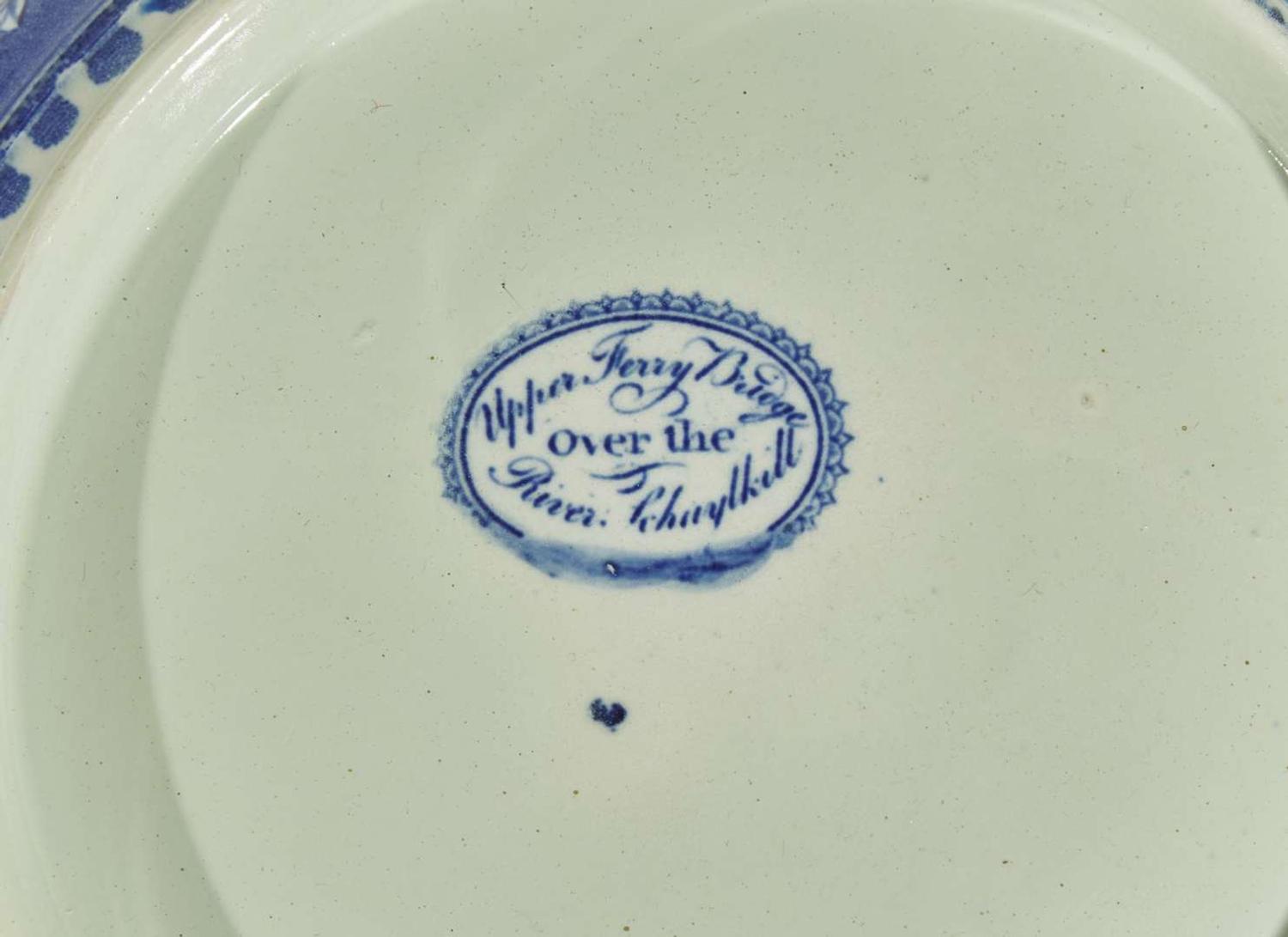 A group of six Historical Blue Staffordshire “Upper Ferry Bridge Over the River Schuylkill" tablewares, Joseph Stubbs, Burslem, England, circa 1830
