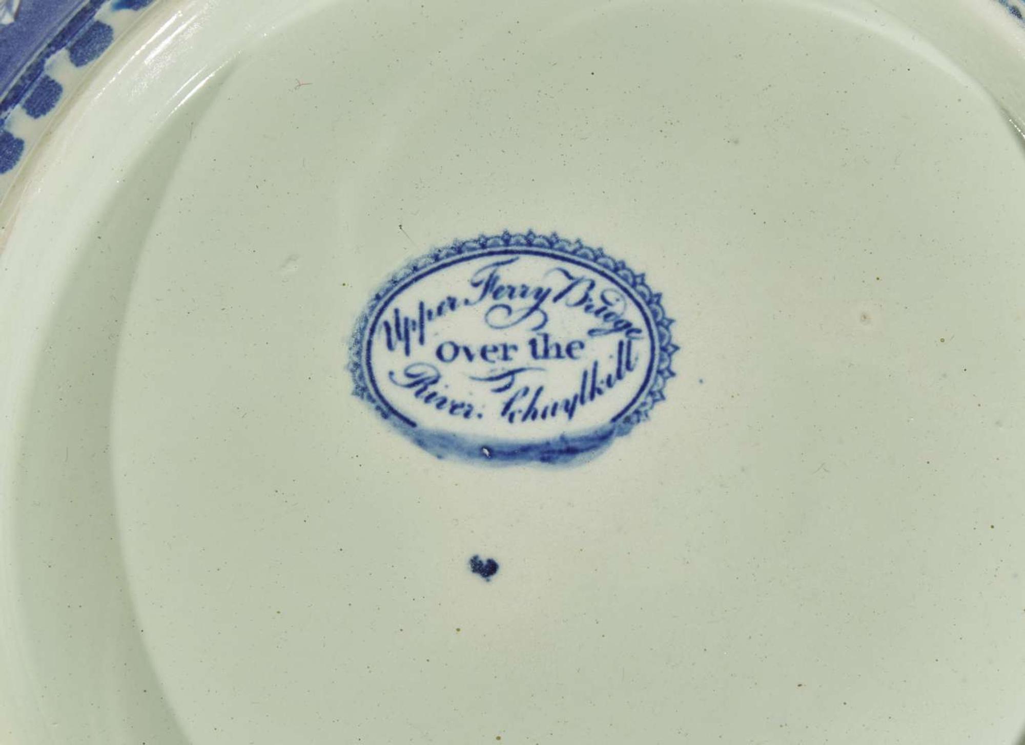 A group of six Historical Blue Staffordshire “Upper Ferry Bridge Over the River Schuylkill" tablewares, Joseph Stubbs, Burslem, England, circa 1830