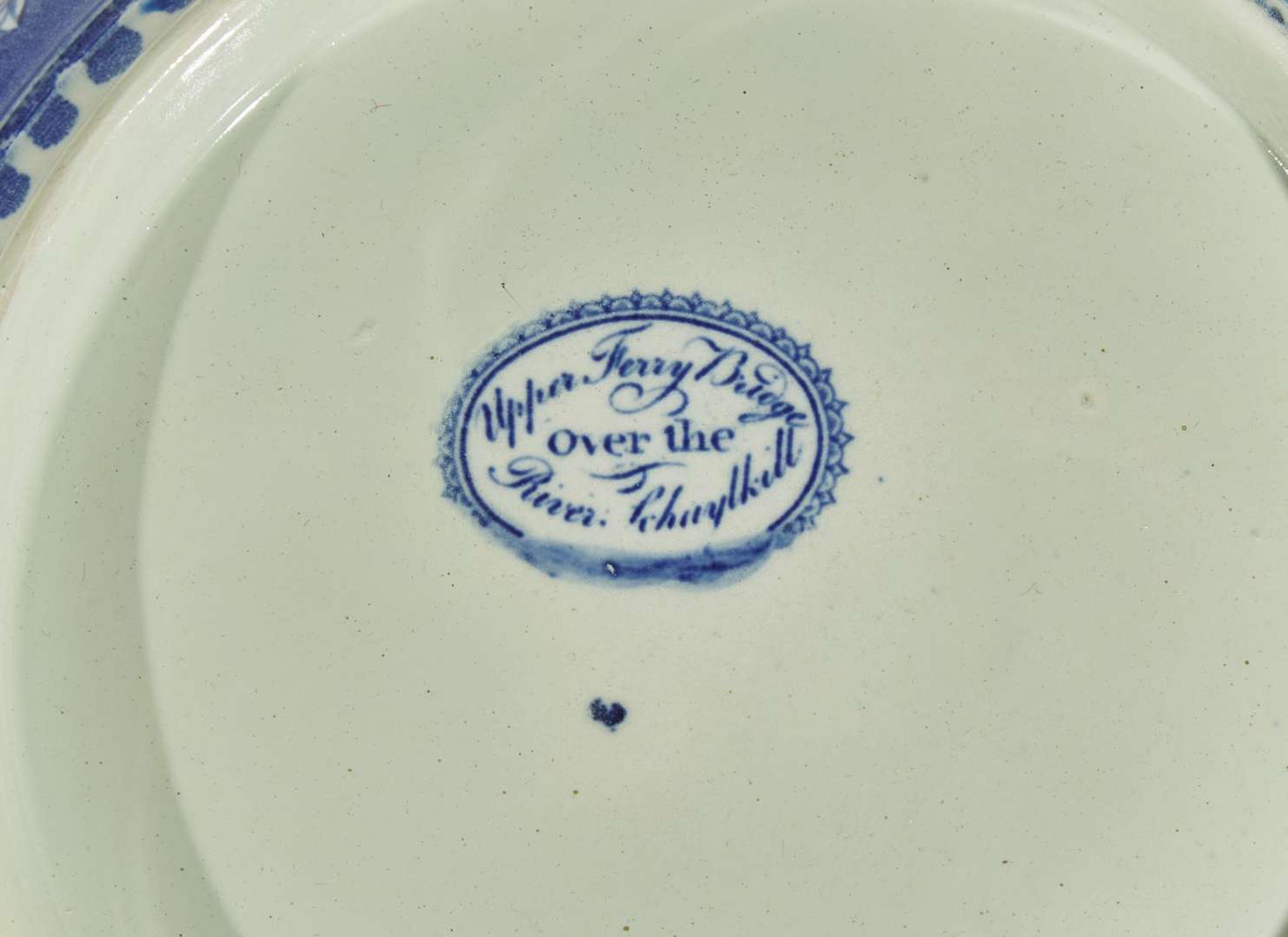 A group of six Historical Blue Staffordshire “Upper Ferry Bridge Over the River Schuylkill" tablewares, Joseph Stubbs, Burslem, England, circa 1830