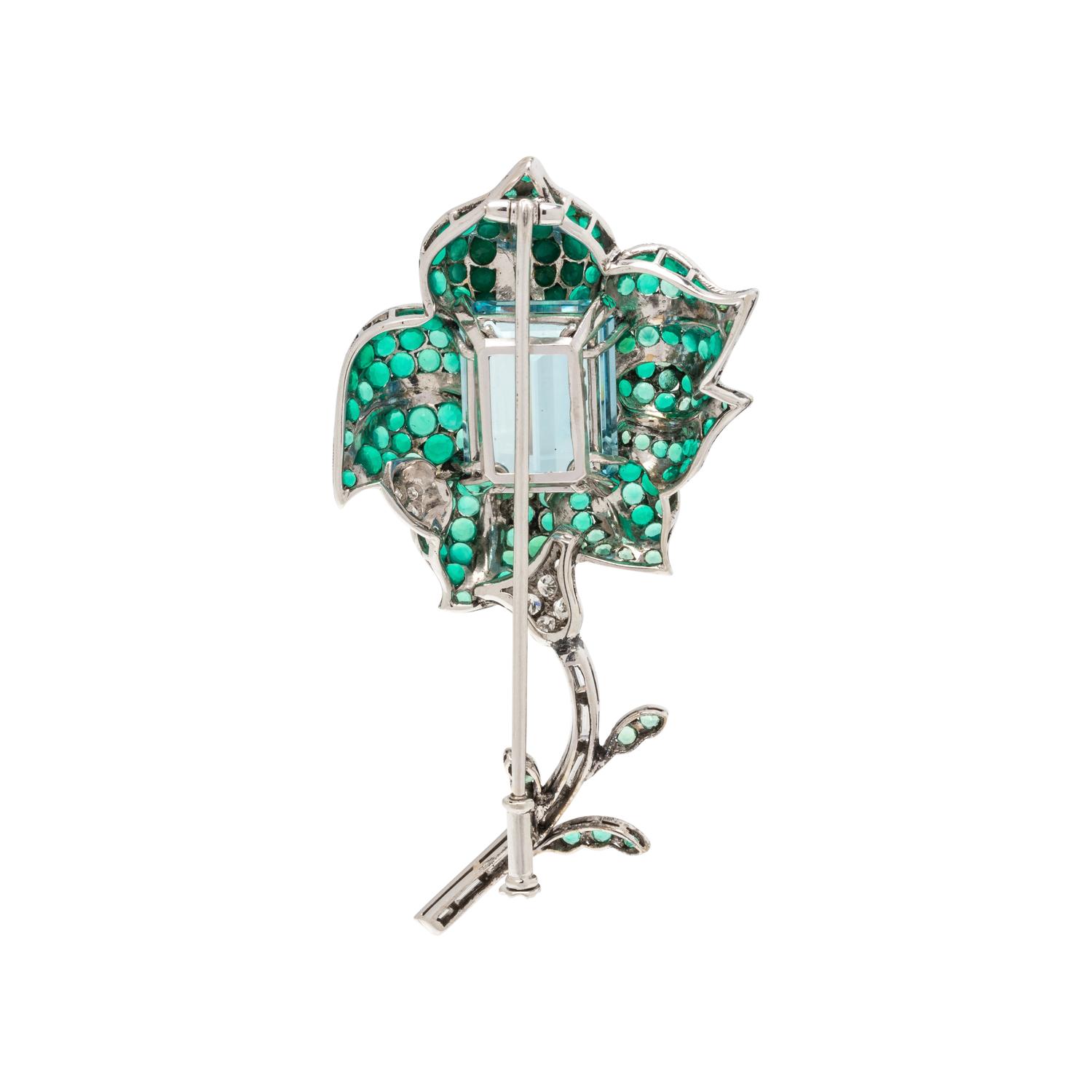 AQUAMARINE, CHRYSOPRASE AND DIAMOND FLOWER BROOCH