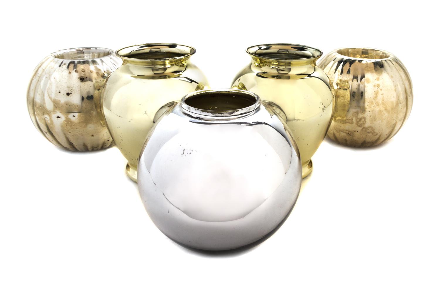 Five Mercury Glass Vases Height of tallest 4 3/4 inches.