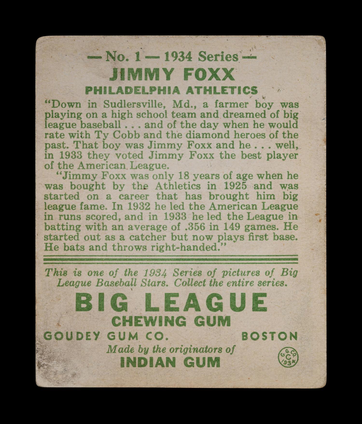 A 1934 Goudey Jimmy Foxx No. 1 Baseball Card,