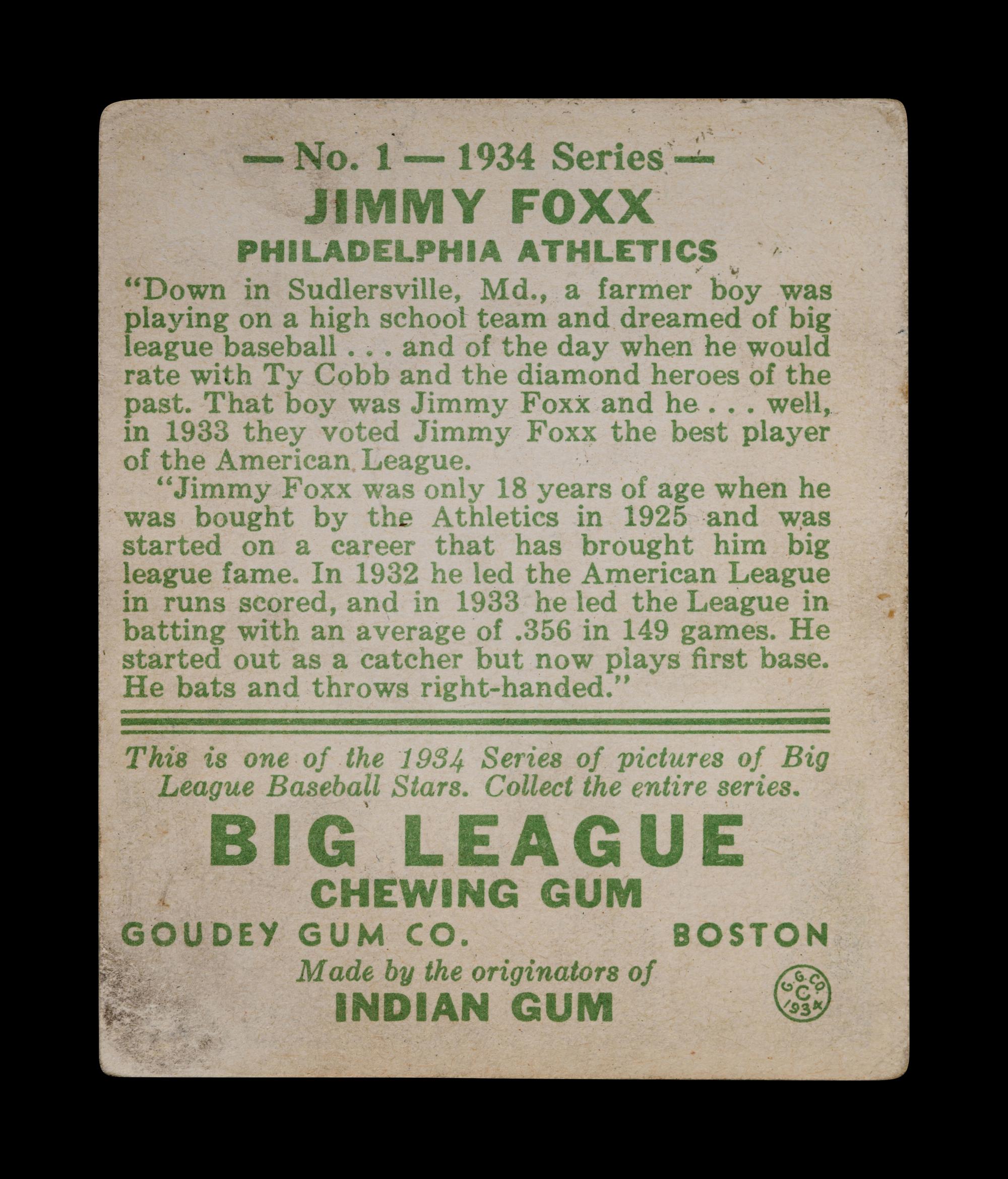 A 1934 Goudey Jimmy Foxx No. 1 Baseball Card,