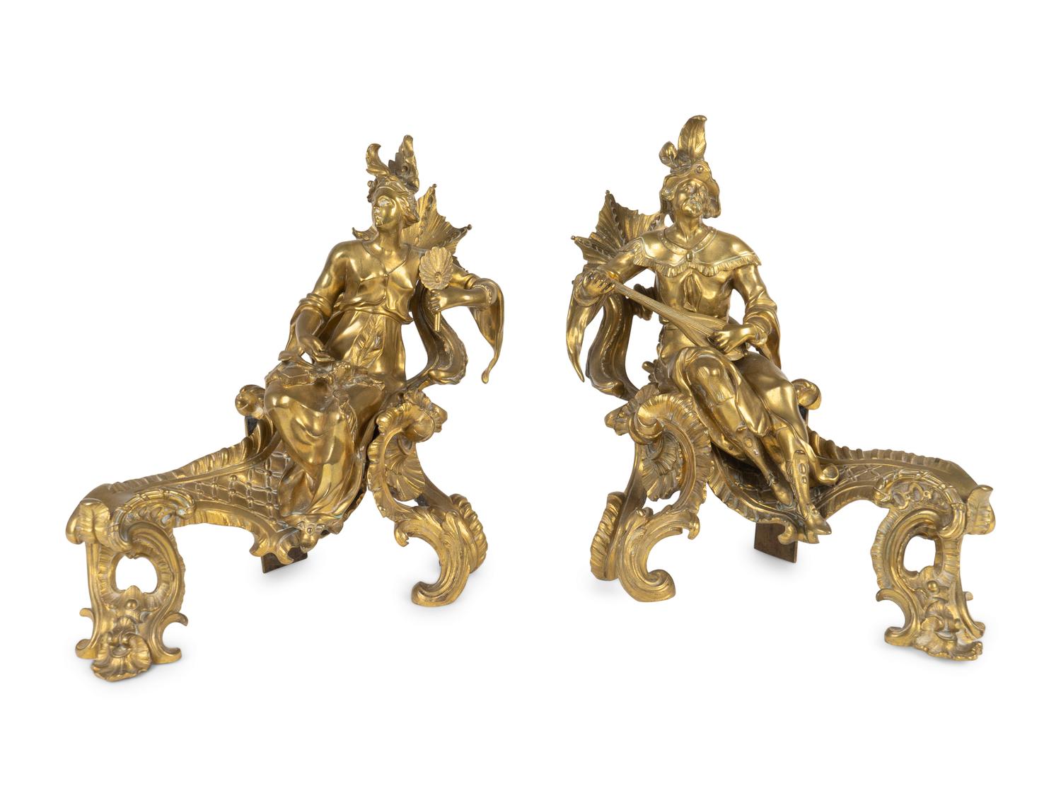 A Pair of Louis XV Style Chinoiserie Gilt Bronze Chenets — 19TH CENTURY