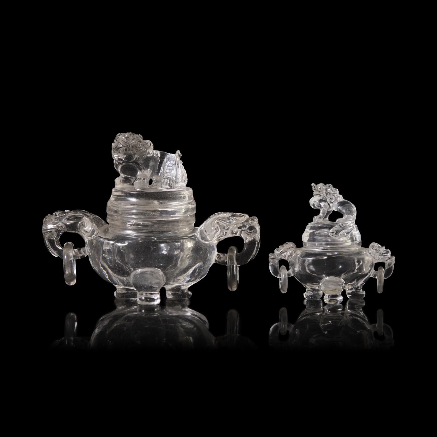 A Small Chinese Rock Crystal Tripod Covered Censer and A Glass Covered Censer, 20th Century 近代 雕水晶和料器獅鈕三足爐各一