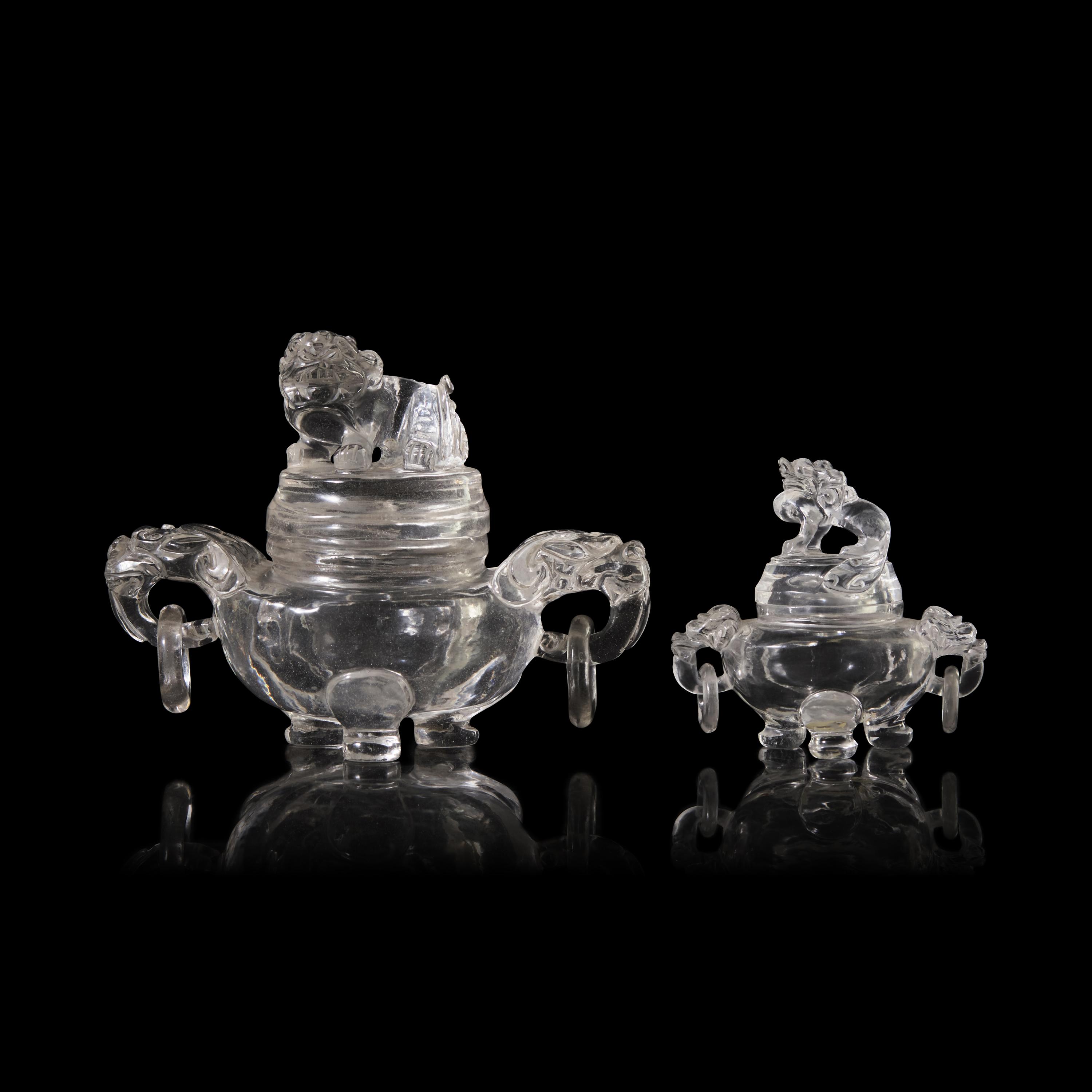 A Small Chinese Rock Crystal Tripod Covered Censer and A Glass Covered Censer, 20th Century 近代 雕水晶和料器獅鈕三足爐各一