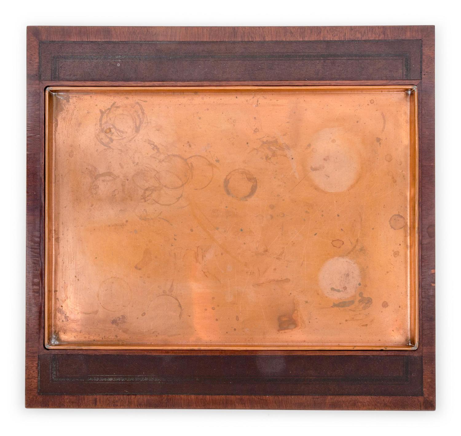 A Copper and Leather Inset Wood Serving Tray
