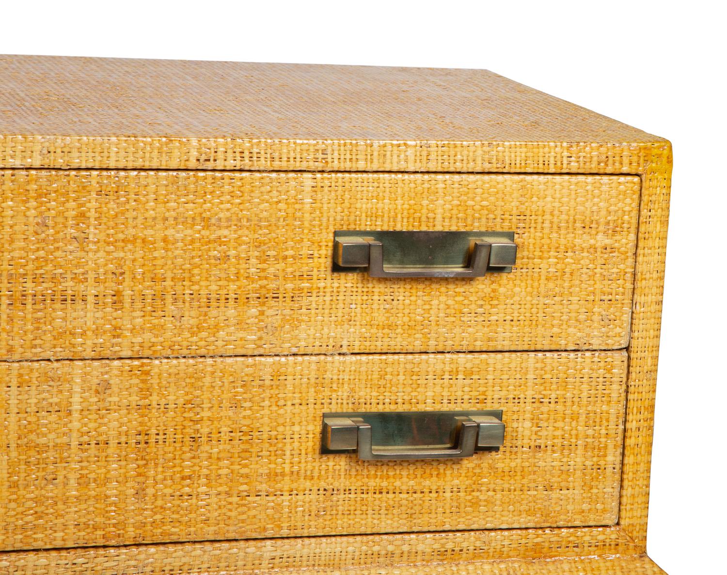 A Pair of Lacquered Raffia-Veneered Two-Drawer Side Tables