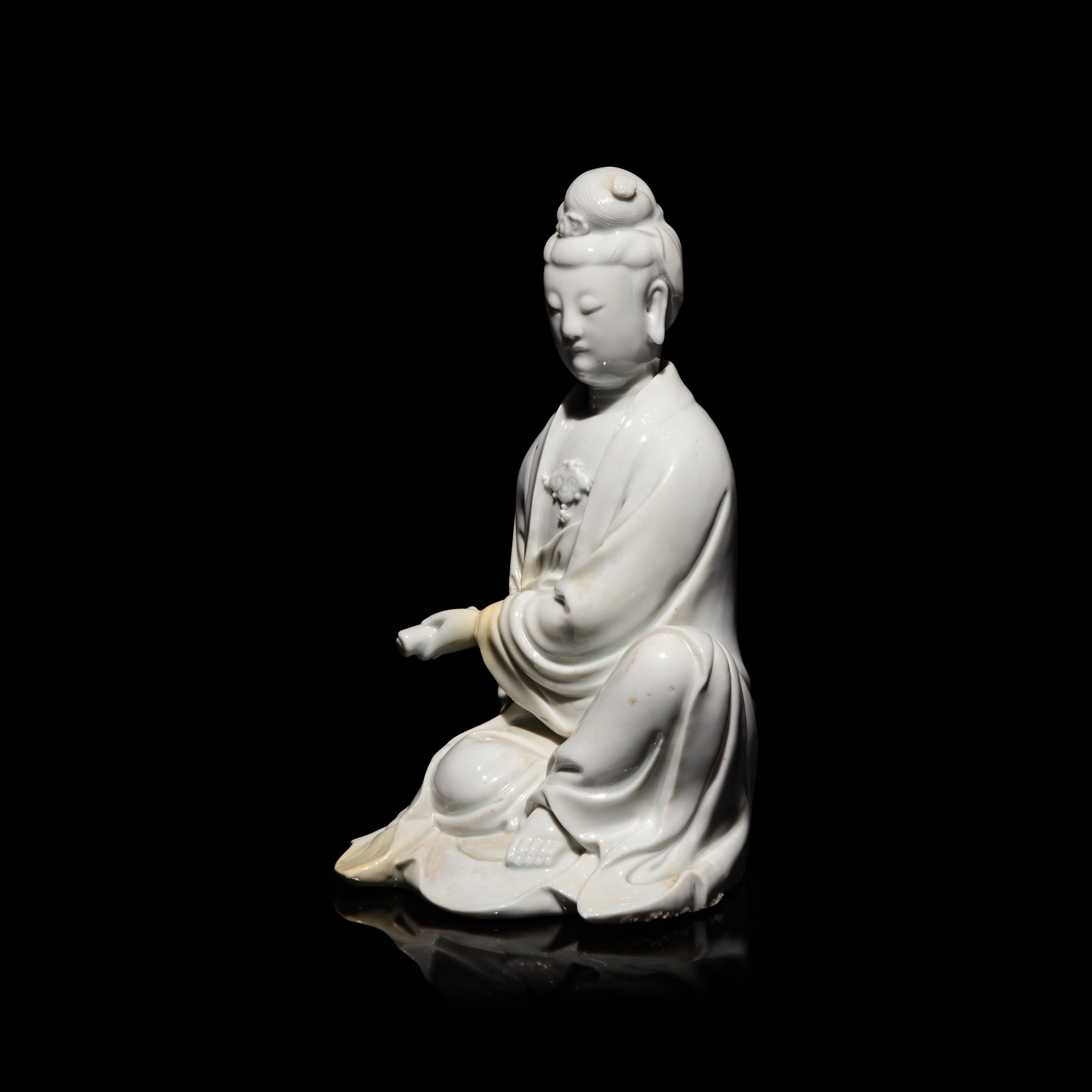 A Chinese Blanc de Chine Figure of Guanyin, Puji Yuren Mark