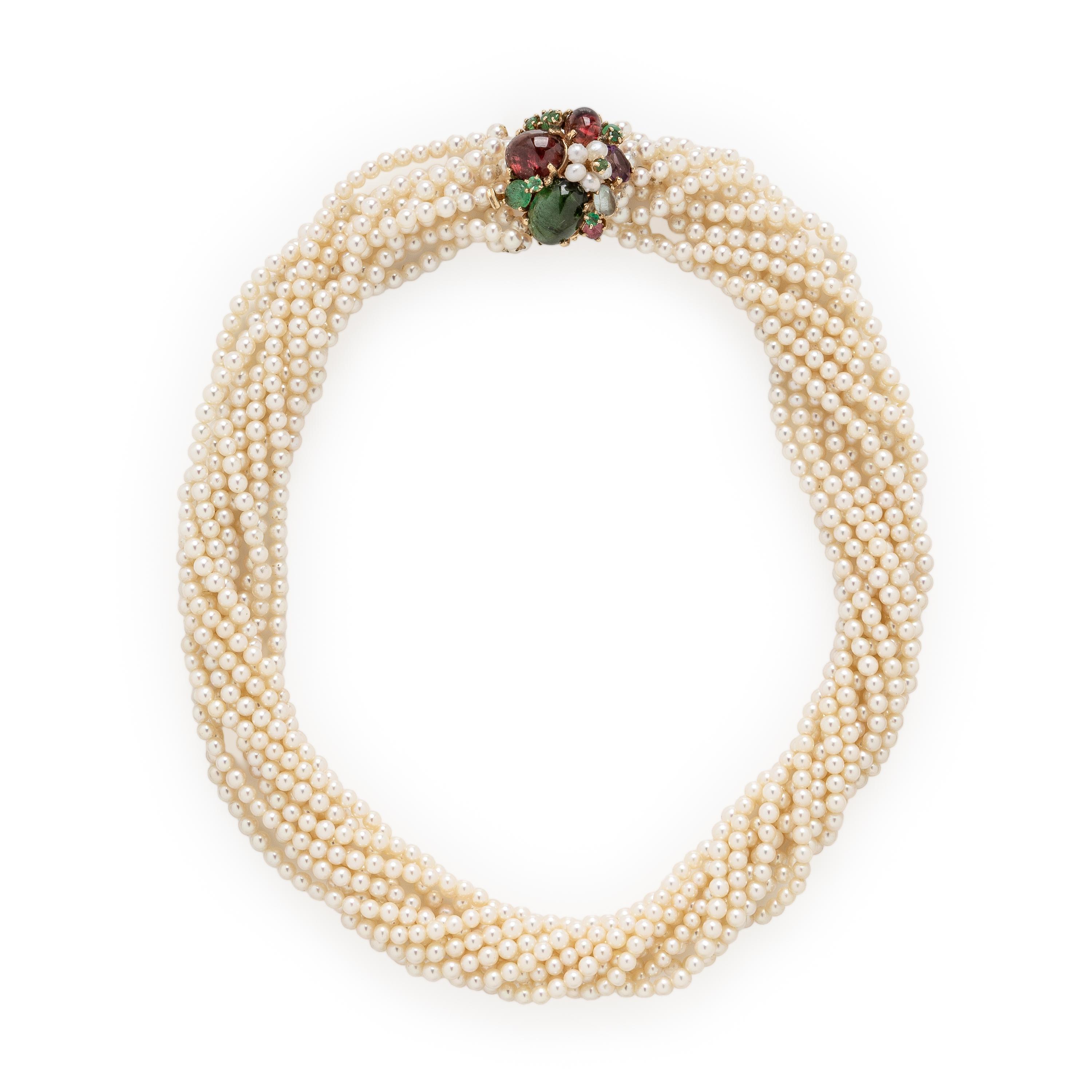 Cultured Pearl Torsade and Multigem Necklace