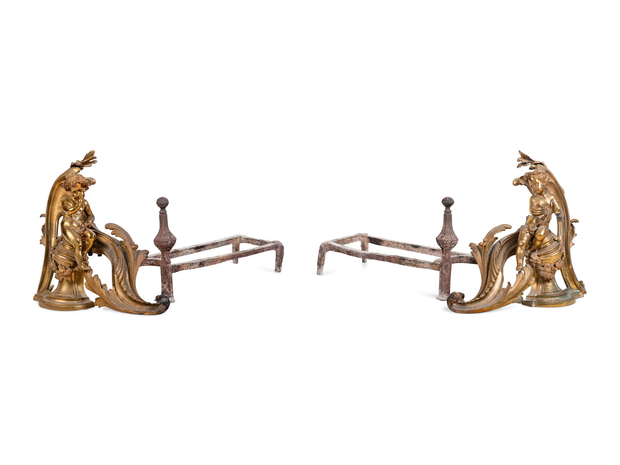 A Pair of Continental Gilt Bronze Figural Chenets