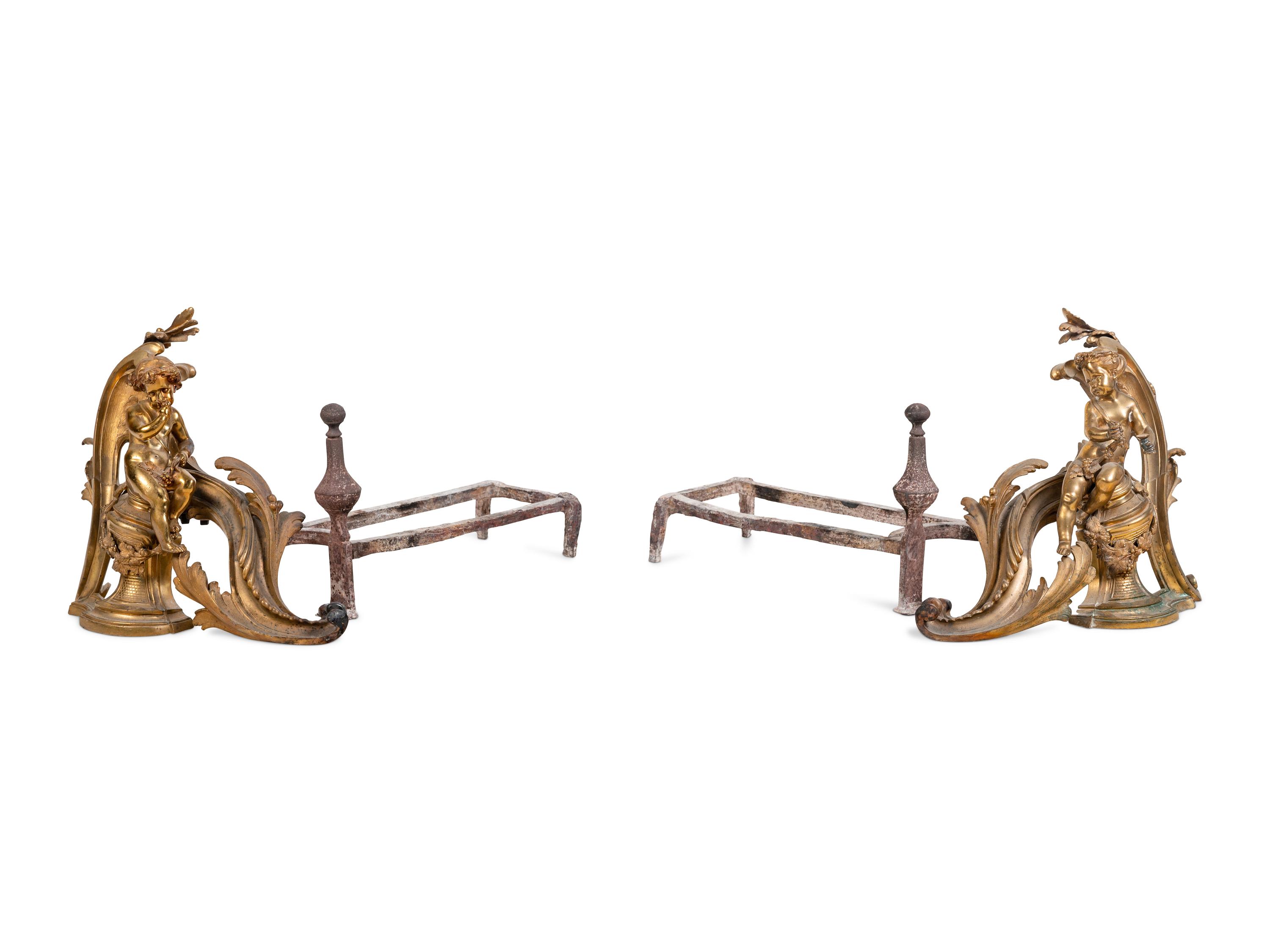 A Pair of Continental Gilt Bronze Figural Chenets