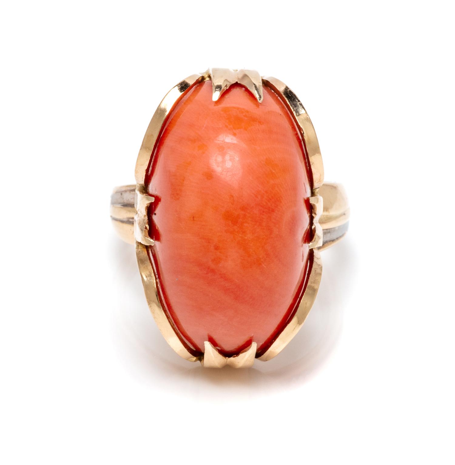 A 14 Karat Yellow Gold, Coral, and Diamond Ring, 16.80 dwts.