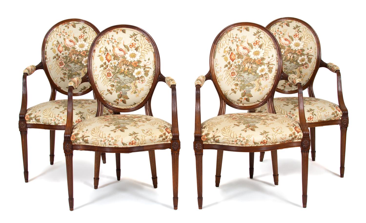 Four Regency Style Carved Walnut Open Armchairs Height 38 inches. — 20TH CENTURY