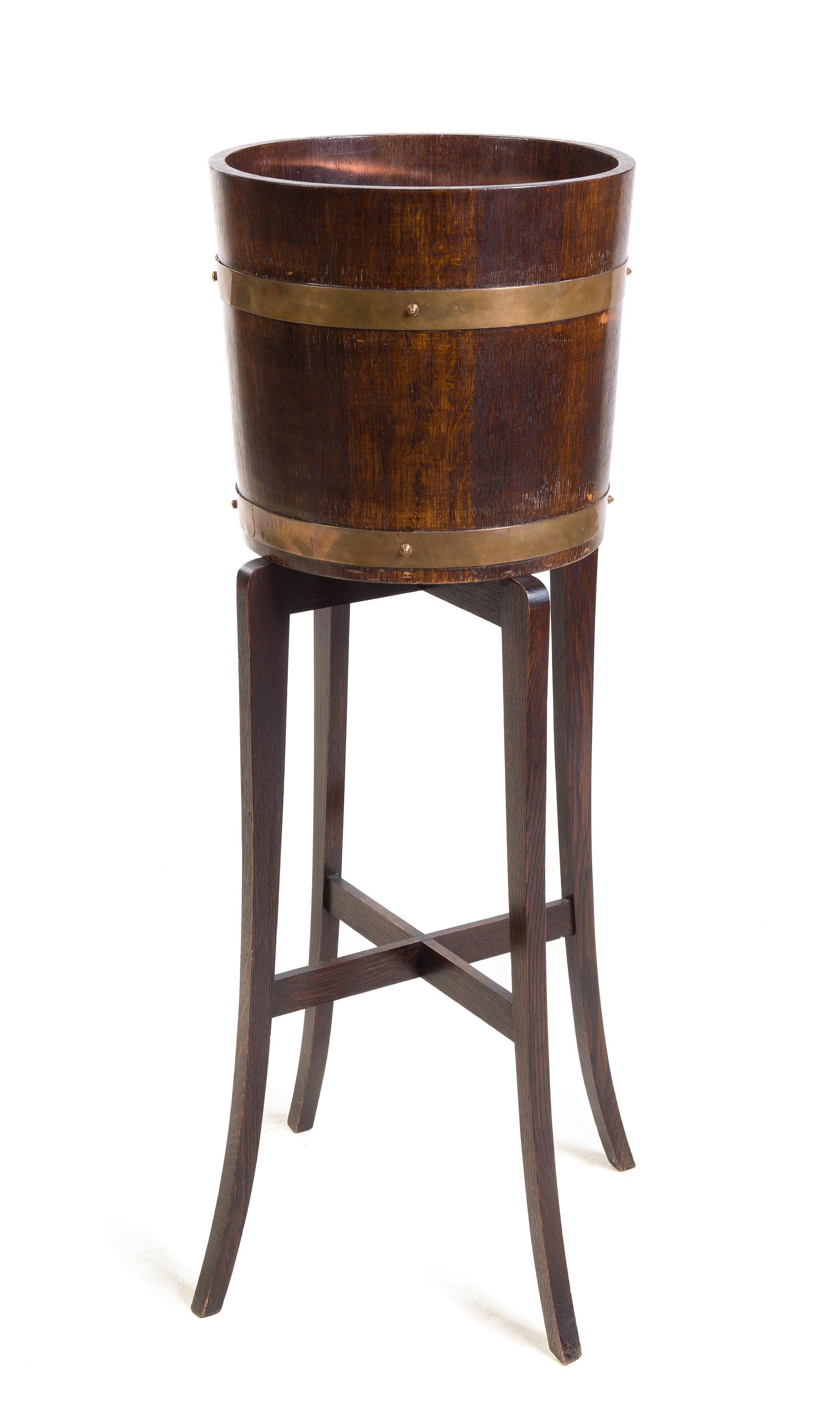 A Regency Brass Banded Peat Bucket on Stand Height 41 1/2 x width 36 x depth 23 inches. — R.A. LISTER & CO. LTD., 19TH CENTURY