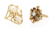 A Collection of Yellow Gold, Cultured Pearl and Gemstone Rings, 9.60 dwts.
