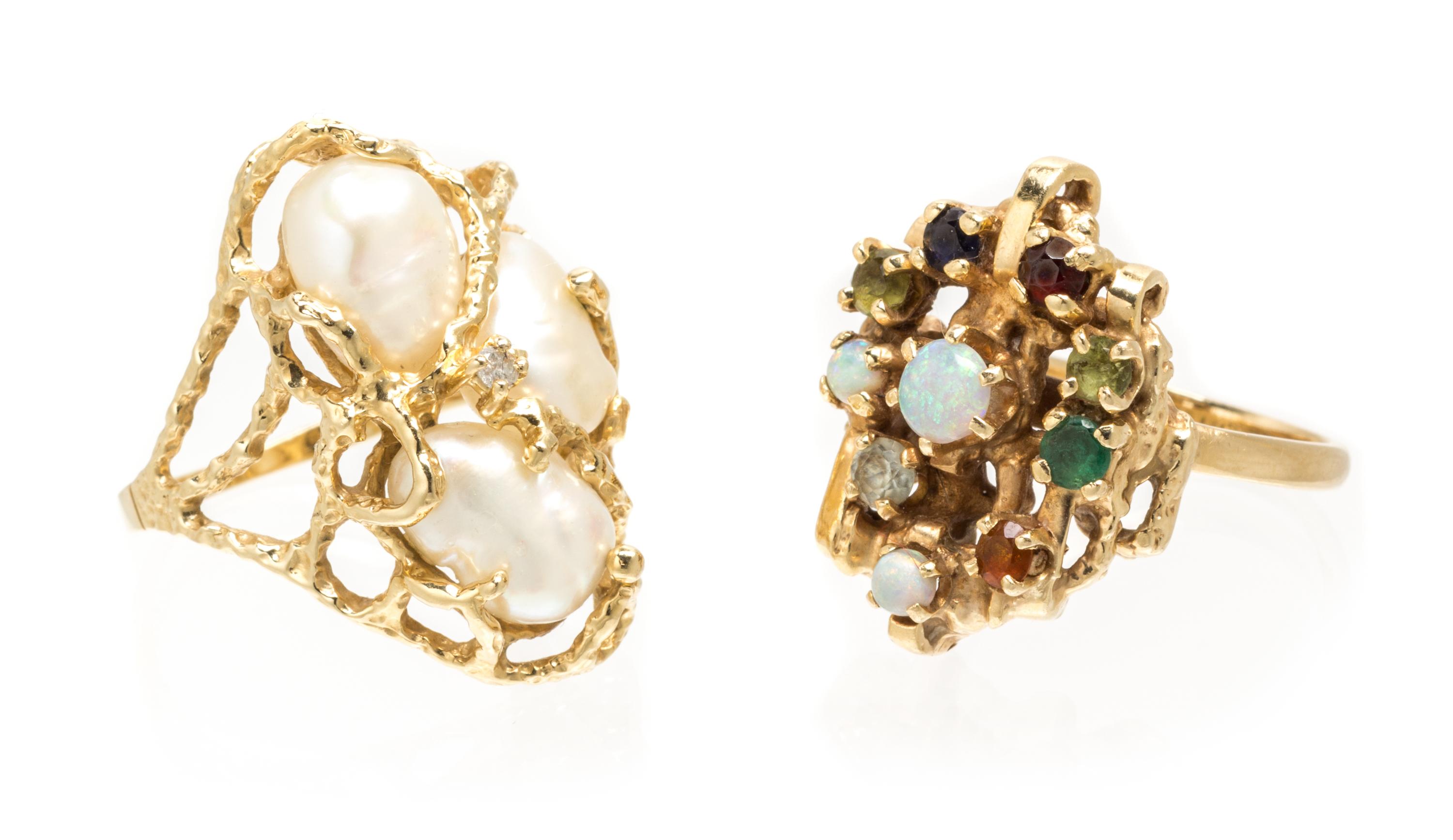 A Collection of Yellow Gold, Cultured Pearl and Gemstone Rings, 9.60 dwts.