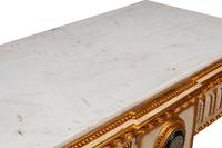 A Pair of Italian Neoclassical Style Cream-Painted, Parcel Gilt and Micro Mosaic Plaque-Mounted Console Tables
