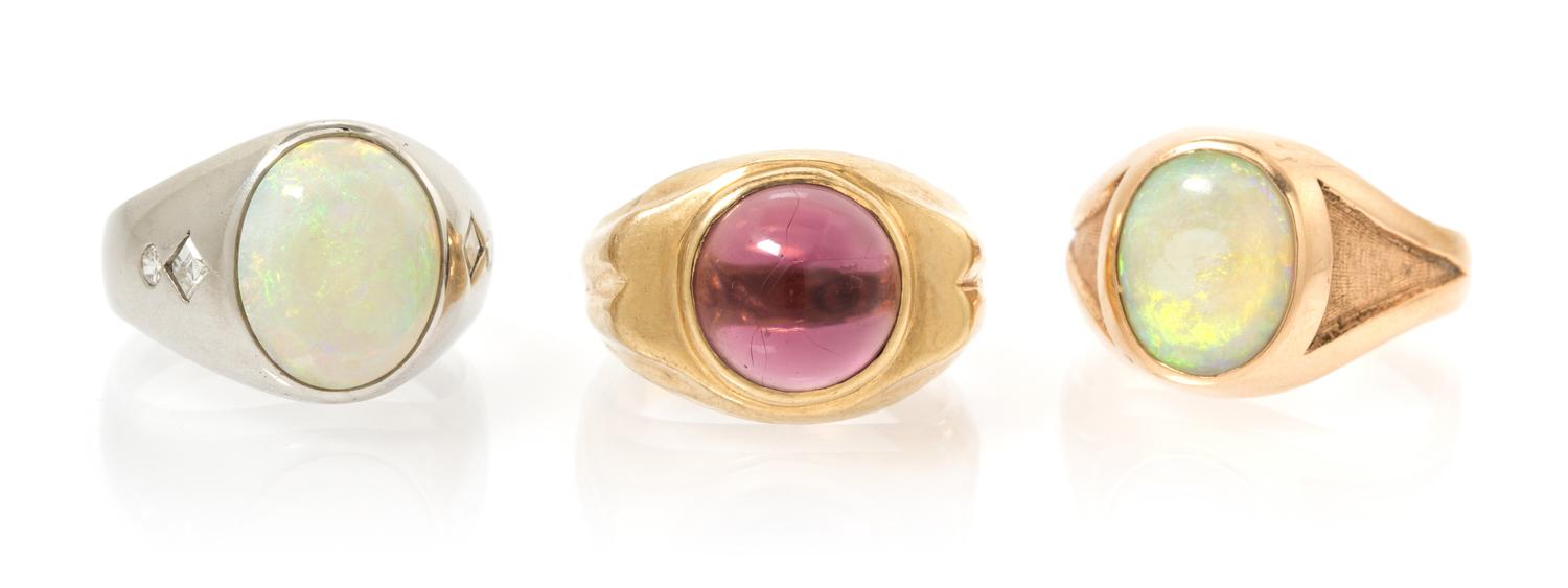 A Collection of Yellow Gold, Platinum, Opal, Amethyst and Diamond Rings, 21.20 dwts.
