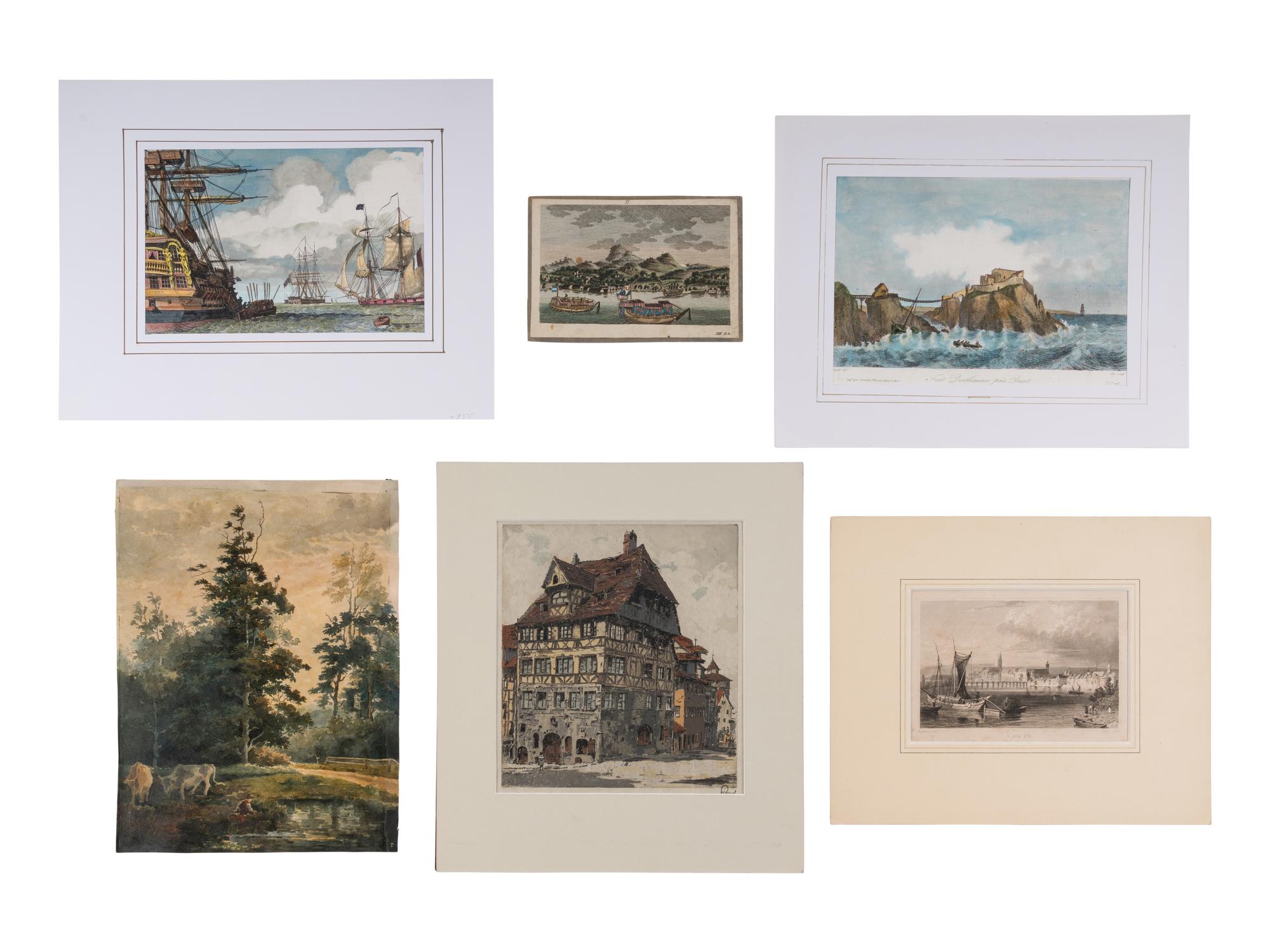 [MARITIME SCENES] – [LANSCAPES]. A group of approximately 17 works depicting maritime scenes and pastoral views.